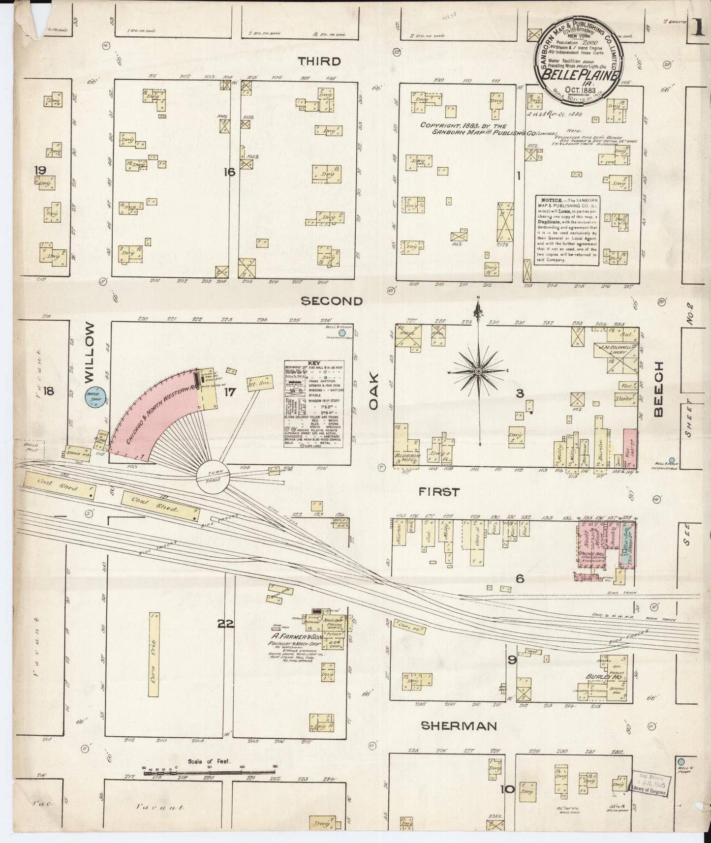 Sanborn Fire Insurance Map from Belle Plaine, Benton County, Iowa (1883), Sheet #0001 - Historic Sanborn Fire Insurance Map Print, vintage old map wall art