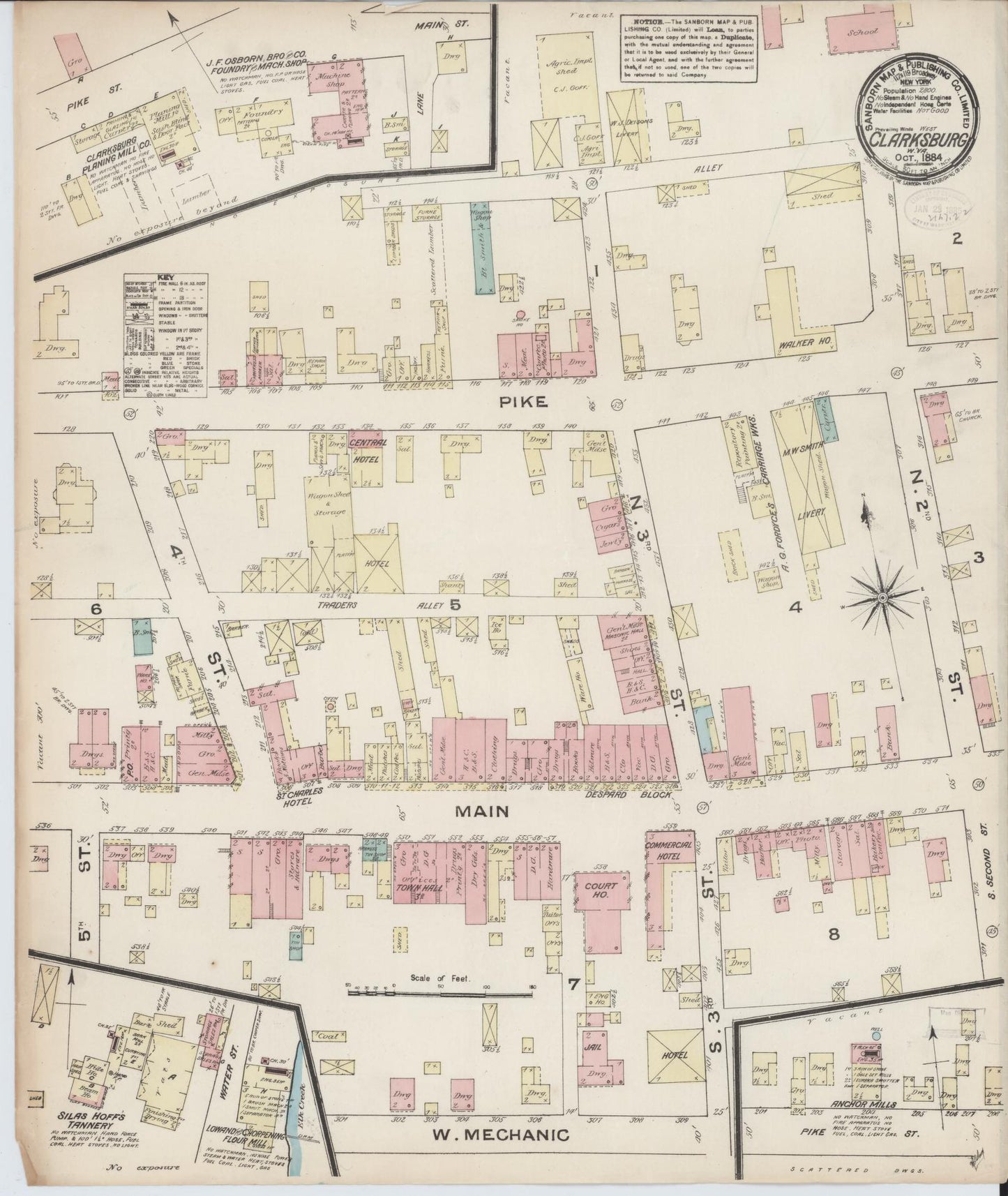 Sanborn Fire Insurance Map from Clarksburg, Harrison County, West Virginia (1884), Sheet #0001 - Historic Sanborn Fire Insurance Map Print, vintage old map wall art, antique decor, genealogy gift, West Virginia West Virginia map
