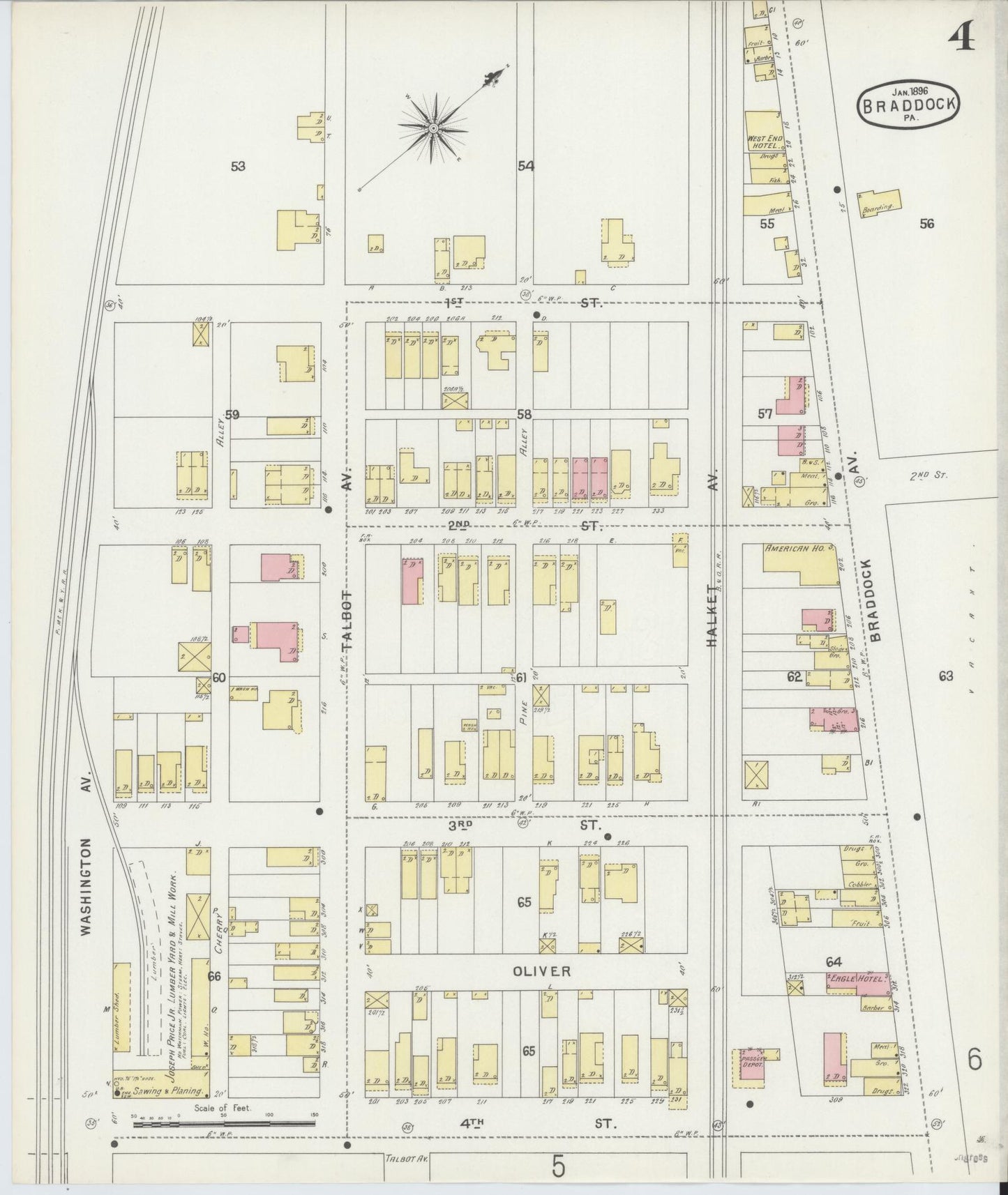 Sanborn Fire Insurance Map from Braddock, Allegheny County, Pennsylvania (1896), Sheet #0004 - Historic Sanborn Fire Insurance Map Print, vintage old map wall art, antique decor, genealogy gift, Pennsylvania Pennsylvania map
