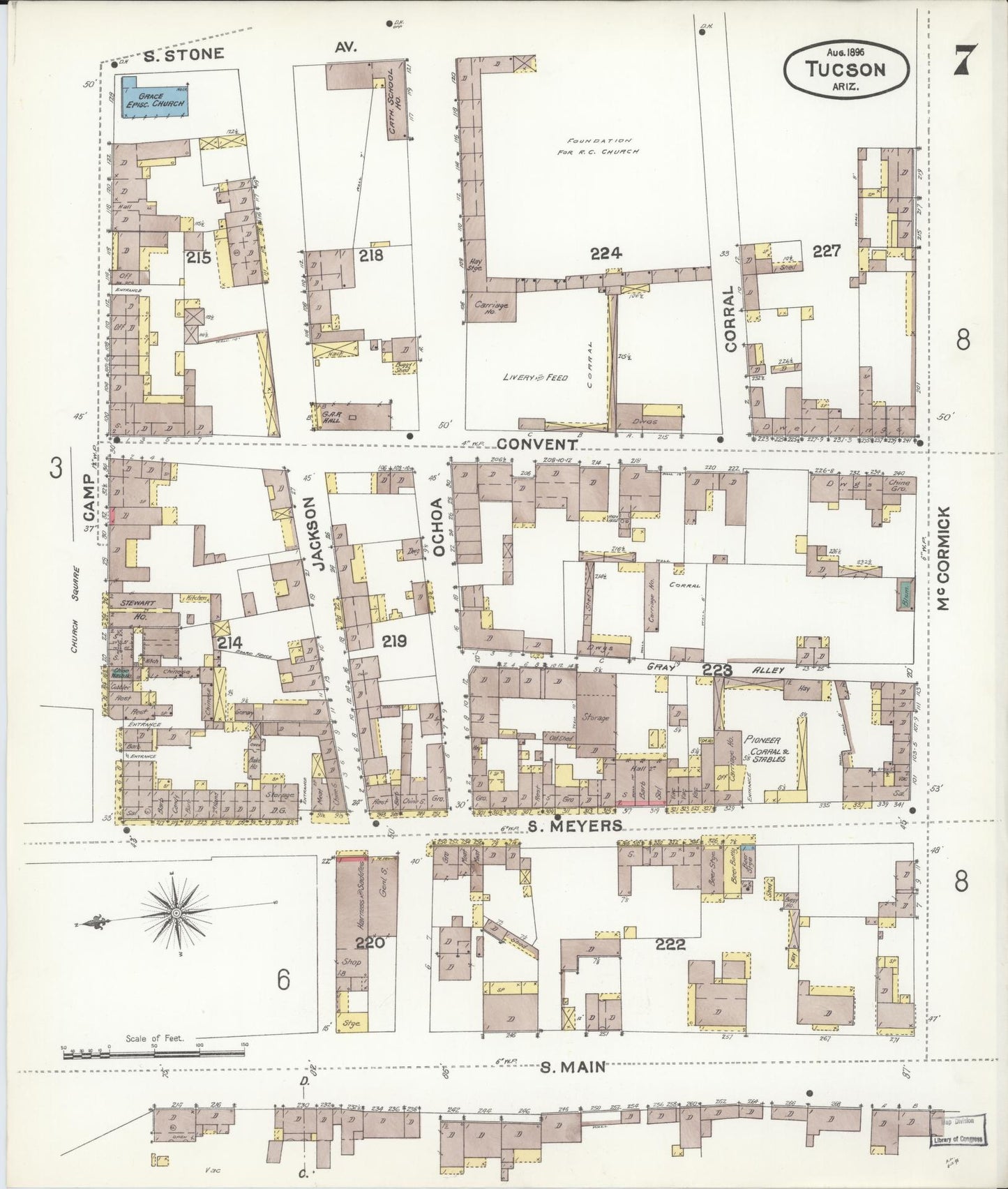 Sanborn Fire Insurance Map from Tucson, Pima County, Arizona (1896), Sheet #0007 - Historic Sanborn Fire Insurance Map Print, vintage old map wall art, antique decor, genealogy gift, Arizona Arizona map