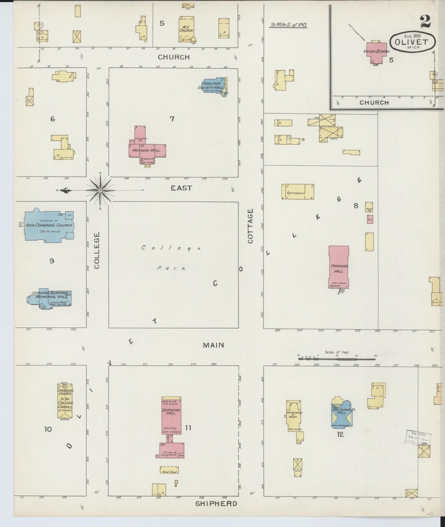 Sanborn Fire Insurance Map from Olivet, Eaton County, Michigan (1893), Sheet #0002 - Complete Map Set gallery image, historic Sanborn map, vintage wall art, Michigan Michigan