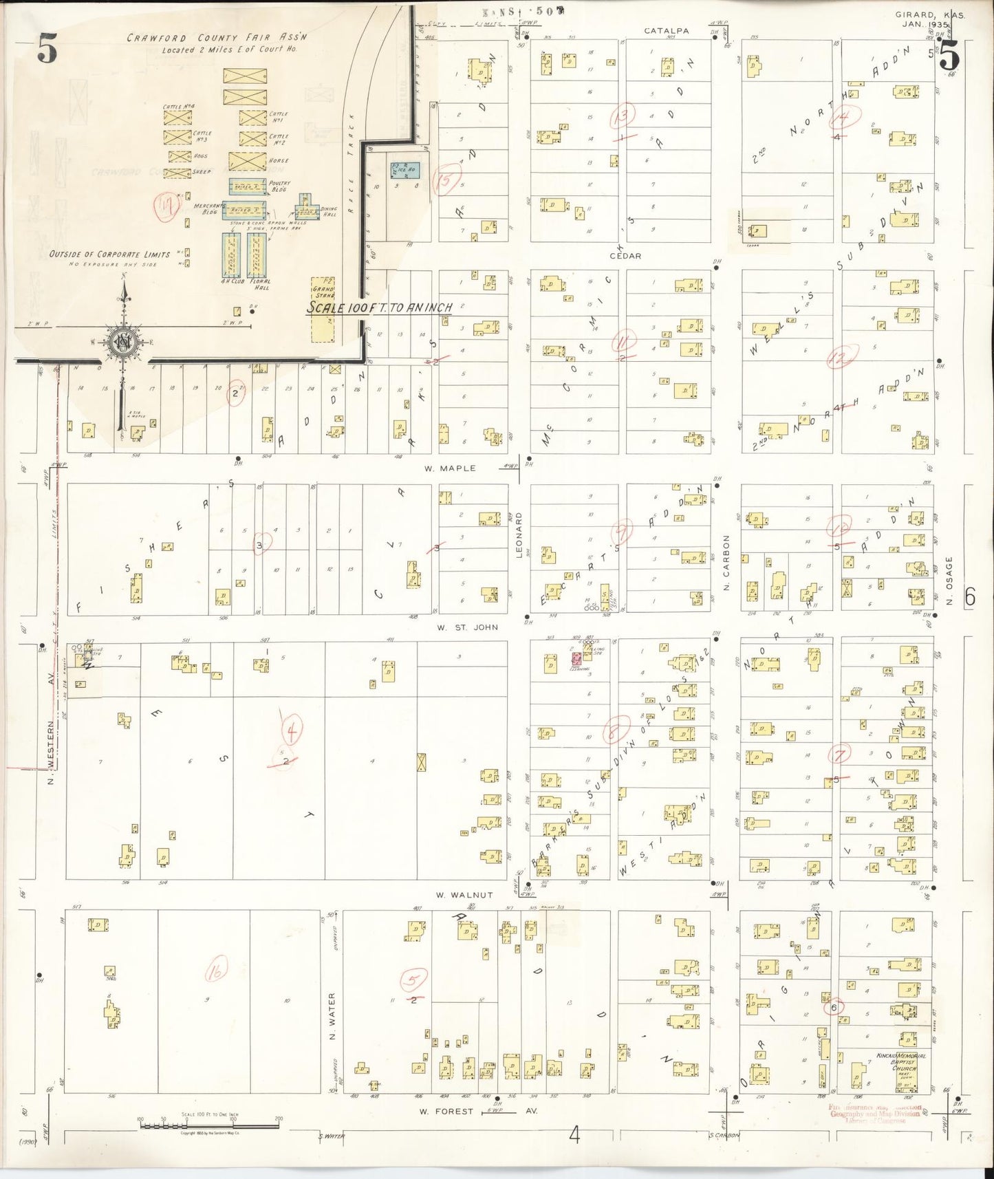 Sanborn Fire Insurance Map from Girard, Crawford County, Kansas (1943), Sheet #0005 - Historic Sanborn Fire Insurance Map Print, vintage old map wall art, antique decor, genealogy gift, Kansas Kansas map