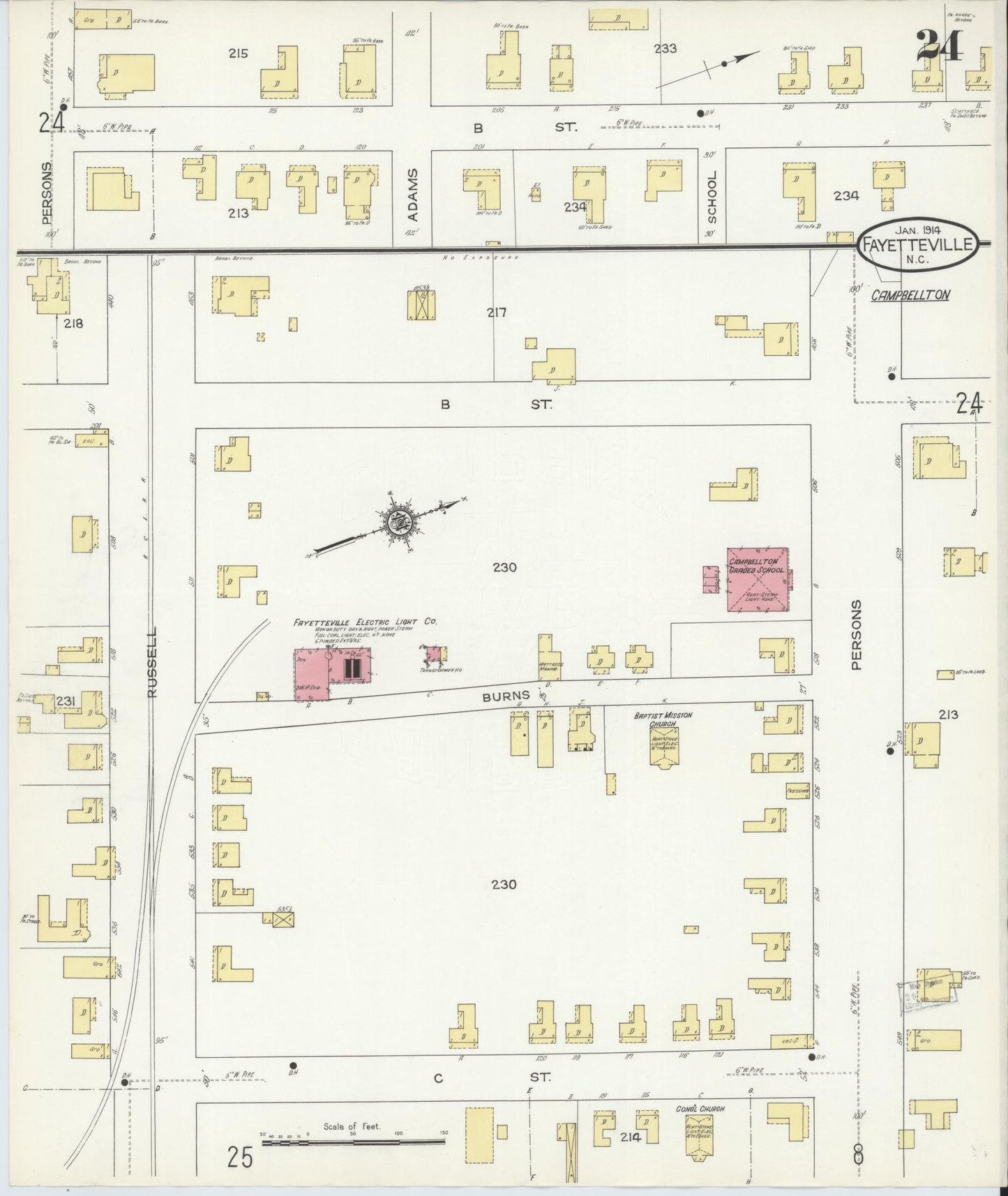 Sanborn Fire Insurance Map from Fayetteville, Cumberland County, North Carolina (1914), Sheet #0024 - Historic Sanborn Fire Insurance Map Print, vintage old map wall art, antique decor, genealogy gift, North Carolina North Carolina map