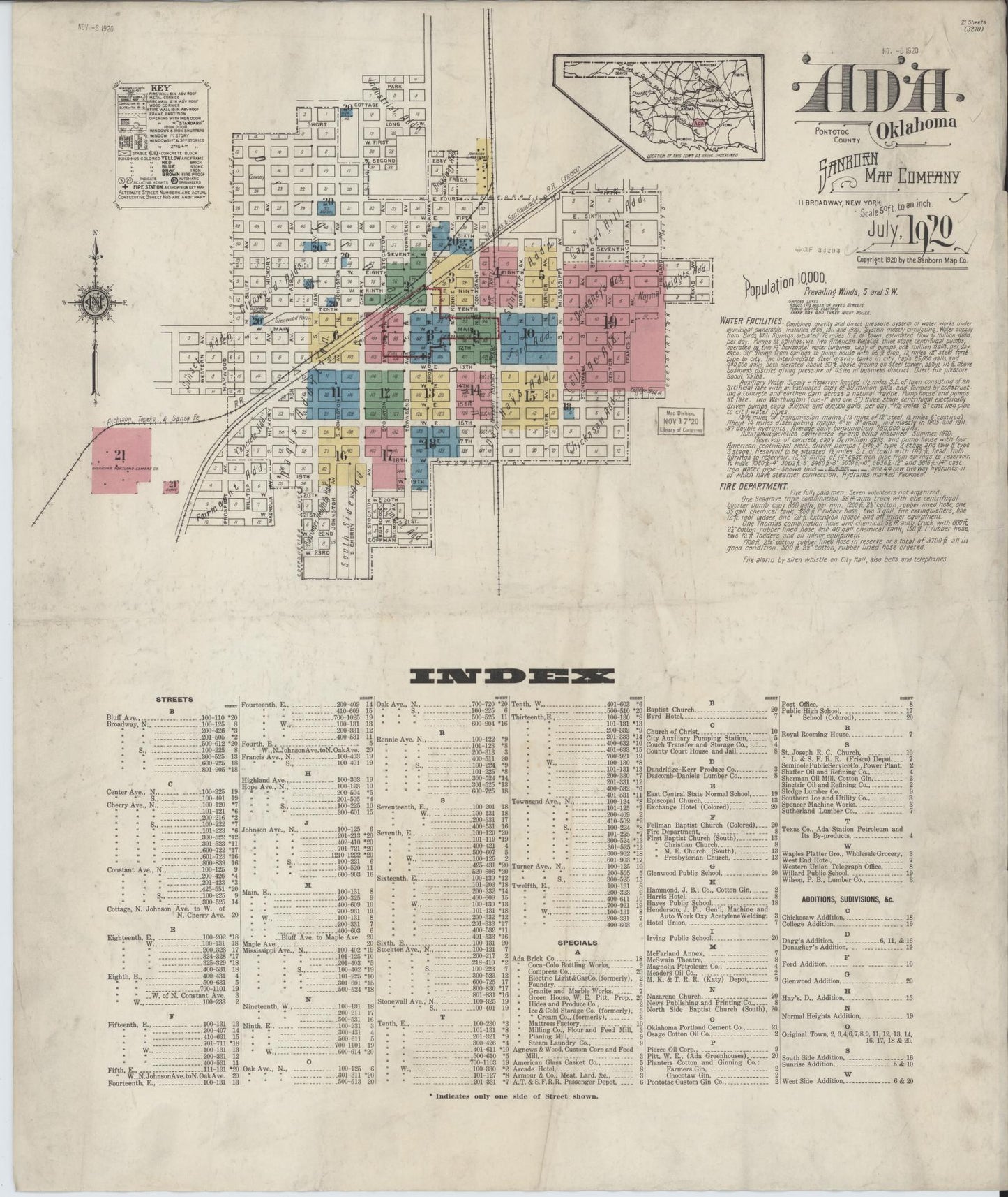 Sanborn Fire Insurance Map from Ada, Pontotoc County, Oklahoma. (1920) – Historic Sanborn Fire Insurance Map Print