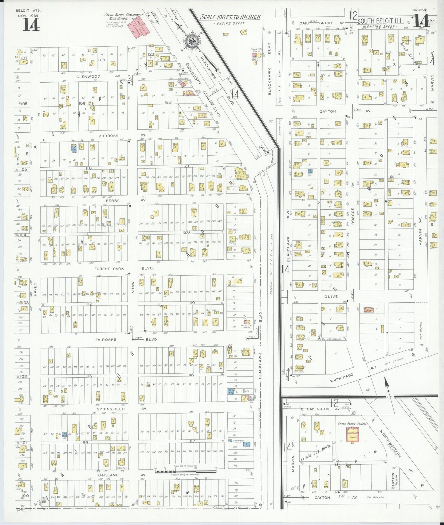 Sanborn Fire Insurance Map from Beloit, Rock County, Wisconsin (1939), Sheet #0014 - Historic Sanborn Fire Insurance Map Print, vintage old map wall art, antique decor, genealogy gift, Wisconsin Wisconsin map