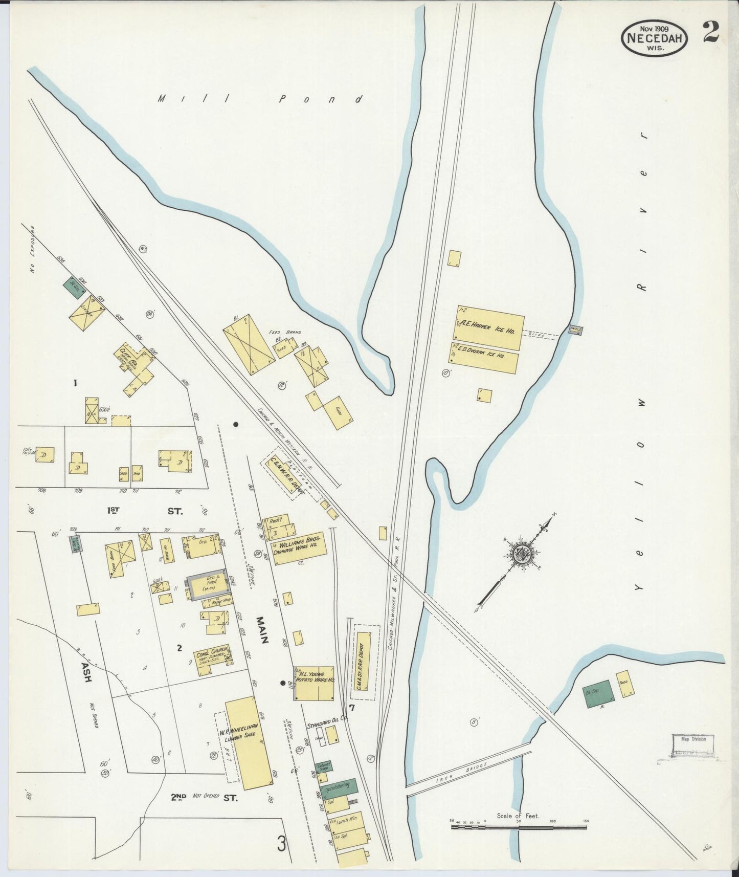 Sanborn Fire Insurance Map from Necedah, Juneau County, Wisconsin (1909), Sheet #0002 - Historic Sanborn Fire Insurance Map Print, vintage old map wall art, antique decor, genealogy gift, Wisconsin Wisconsin map
