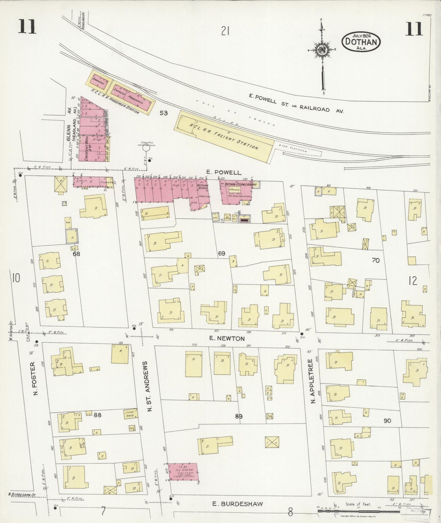 Sanborn Fire Insurance Map from Dothan, Houston County, Alabama (1924), Sheet #0011 - Historic Sanborn Fire Insurance Map Print, vintage old map wall art, antique decor, genealogy gift, Alabama Alabama map