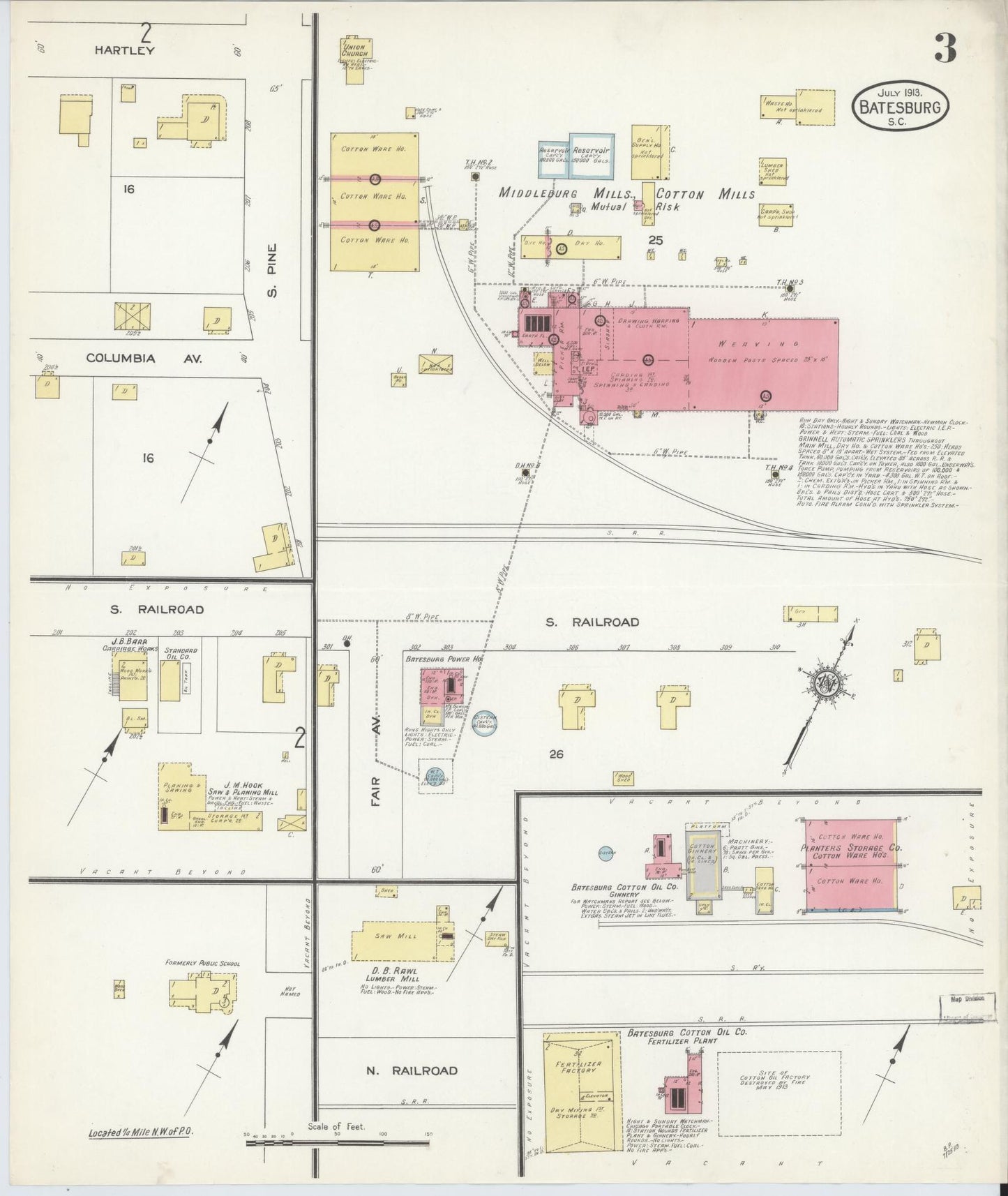 Sanborn Fire Insurance Map from Batesburg, Lexington And Saluda Counties, South Carolina (1913), Sheet #0003 - Historic Sanborn Fire Insurance Map Print, vintage old map wall art, antique decor, genealogy gift, South Carolina South Carolina map
