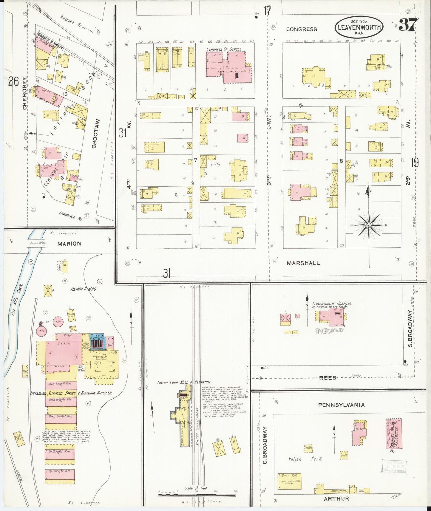 Sanborn Fire Insurance Map from Leavenworth, Leavenworth County, Kansas (1905), Sheet #0038 - Historic Sanborn Fire Insurance Map Print, vintage old map wall art, antique decor, genealogy gift, Kansas Kansas map