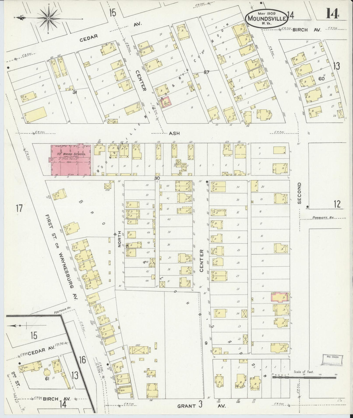 Sanborn Fire Insurance Map from Moundsville, Marshall County, West Virginia (1909), Sheet #0014 - Historic Sanborn Fire Insurance Map Print, vintage old map wall art, antique decor, genealogy gift, West Virginia West Virginia map