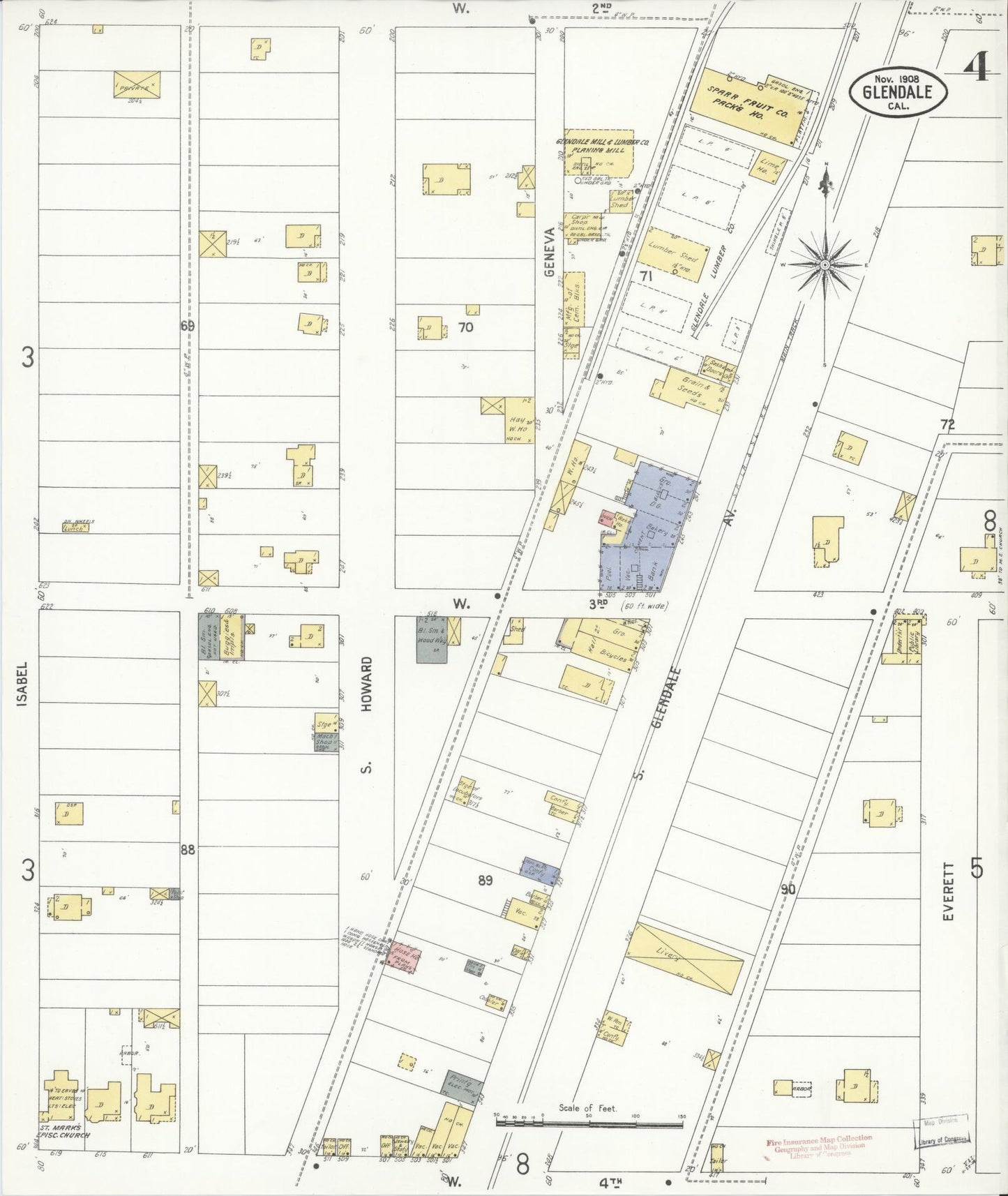 Sanborn Fire Insurance Map from Glendale, Los Angeles County, California (1908), Sheet #0004 - Historic Sanborn Fire Insurance Map Print, vintage old map wall art, antique decor, genealogy gift, California California map