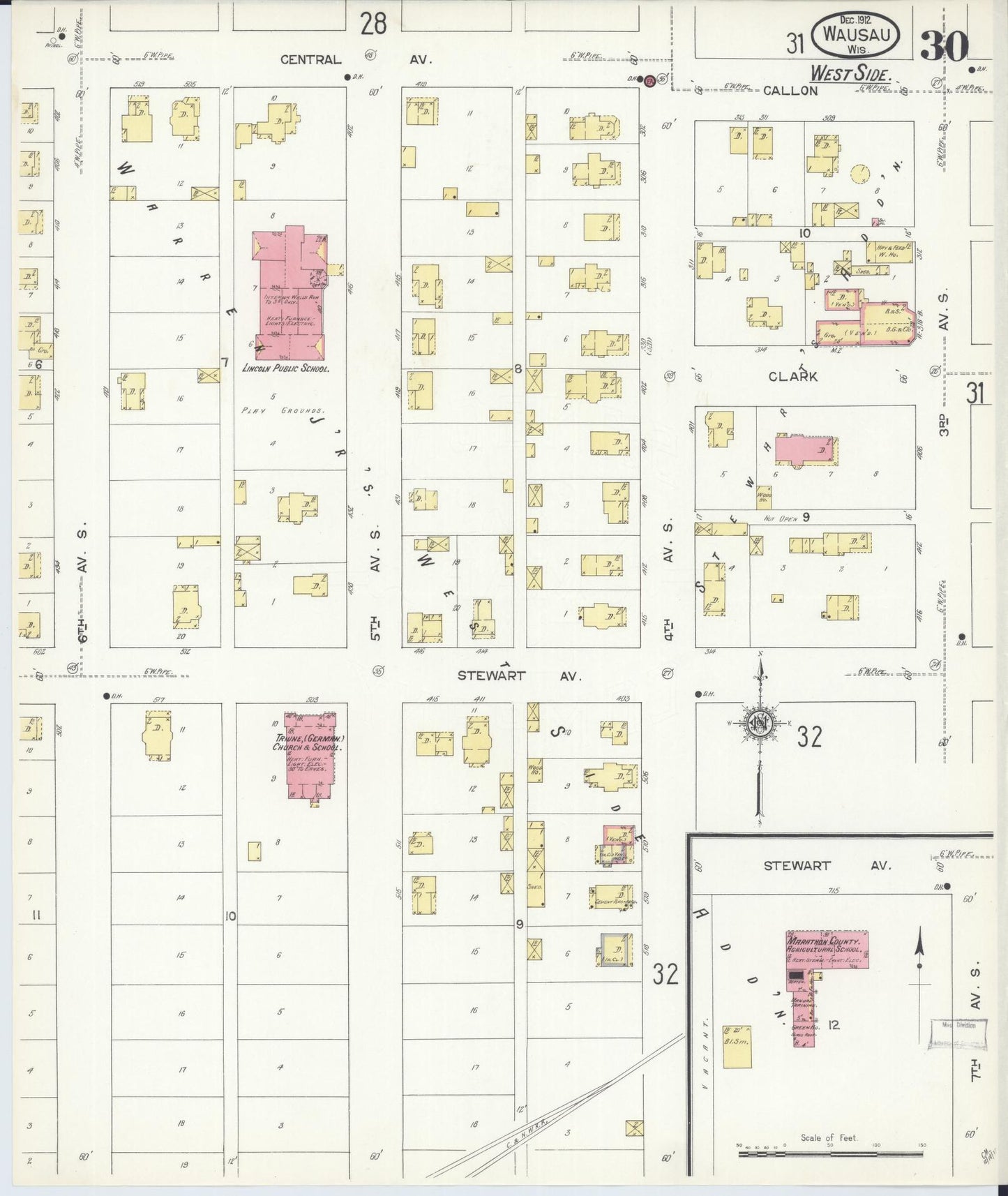 Sanborn Fire Insurance Map from Wausau, Marathon County, Wisconsin (1912), Sheet #0030 - Historic Sanborn Fire Insurance Map Print, vintage old map wall art, antique decor, genealogy gift, Wisconsin Wisconsin map