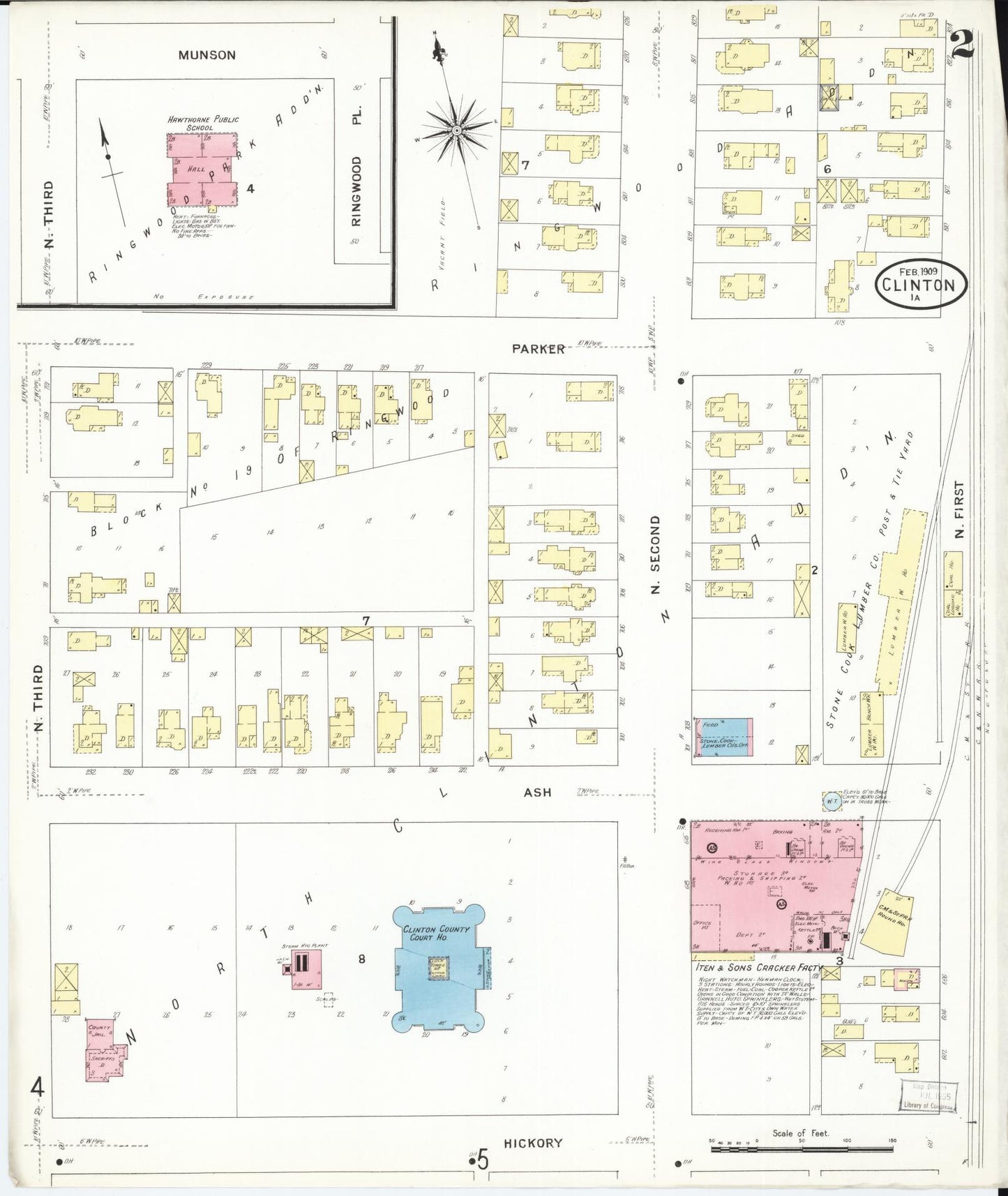 Sanborn Fire Insurance Map from Clinton, Clinton County, Iowa (1909), Sheet #0002 - Historic Sanborn Fire Insurance Map Print, vintage old map wall art
