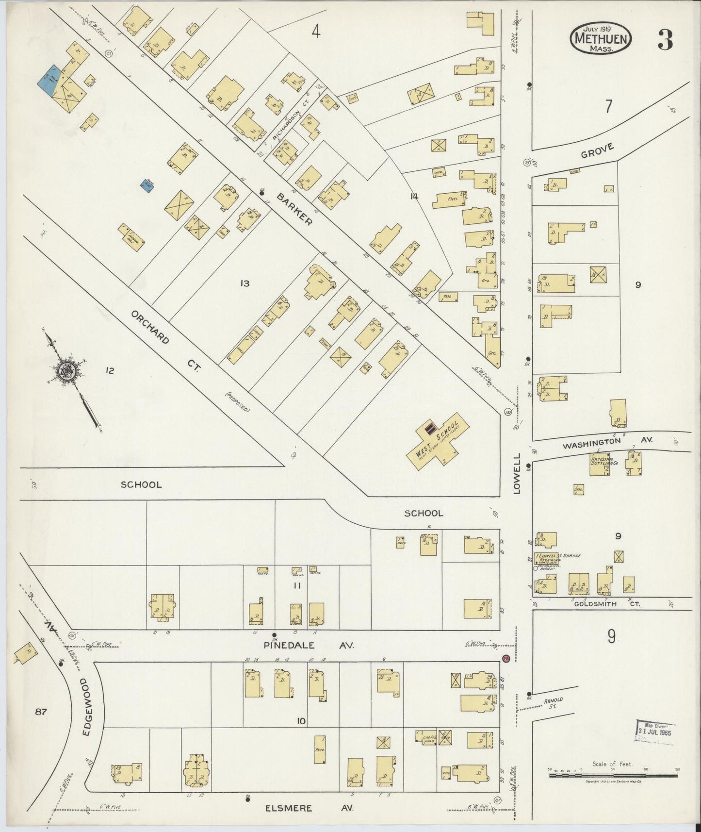 Sanborn Fire Insurance Map from Methuen, Essex County, Massachusetts (1919), Sheet #0003 - Historic Sanborn Fire Insurance Map Print, vintage old map wall art, antique decor, genealogy gift, Massachusetts Massachusetts map