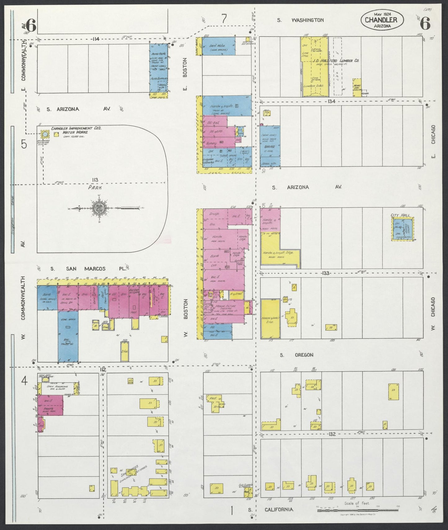 Sanborn Fire Insurance Map from Chandler, Maricopa County, Arizona (1924), Sheet #0006 - Historic Sanborn Fire Insurance Map Print, vintage old map wall art, antique decor, genealogy gift, Arizona Arizona map