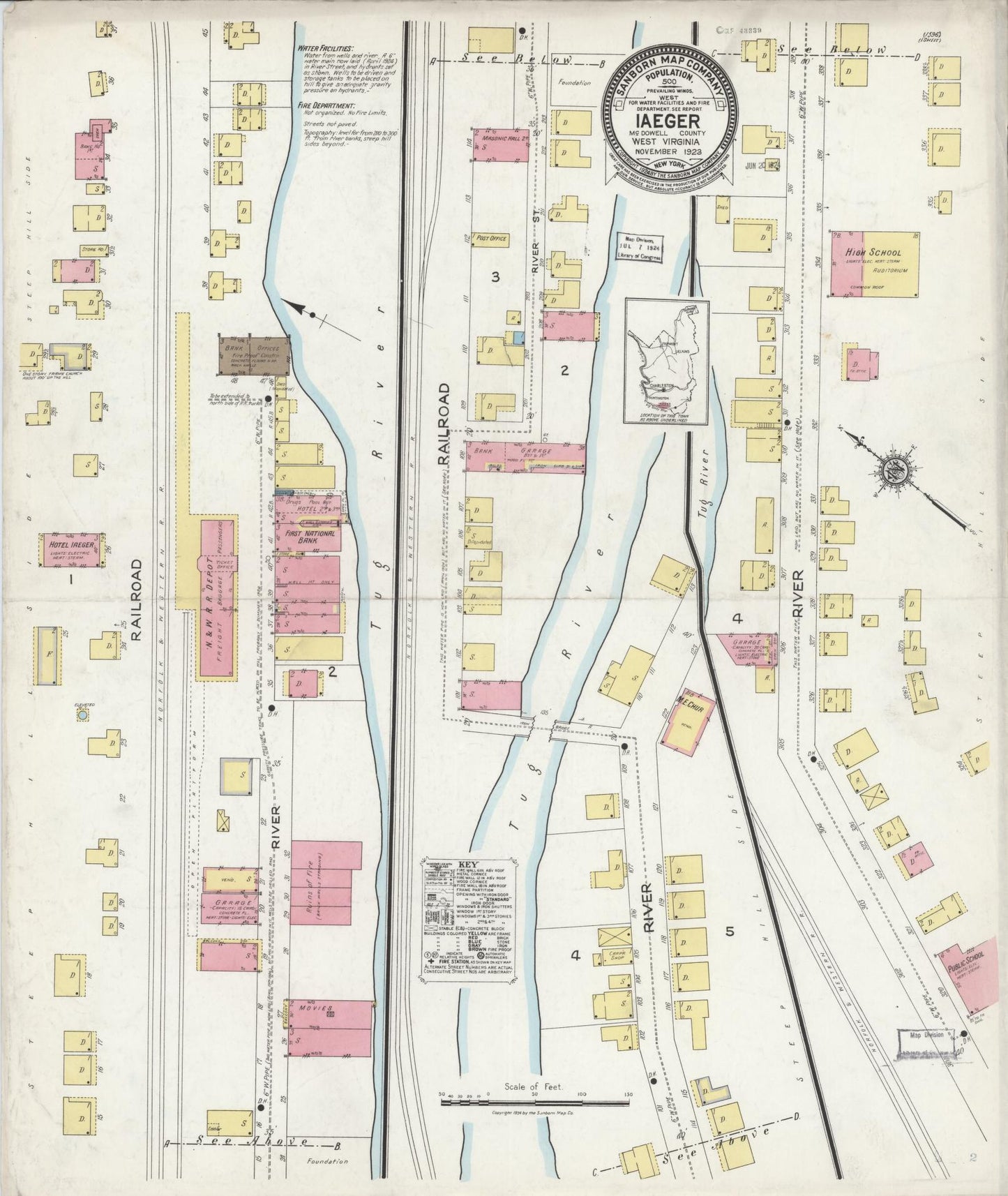 Sanborn Fire Insurance Map from Iaeger, Mcdowell County, West Virginia (1923), Sheet #0001 - Historic Sanborn Fire Insurance Map Print, vintage old map wall art, antique decor, genealogy gift, West Virginia West Virginia map