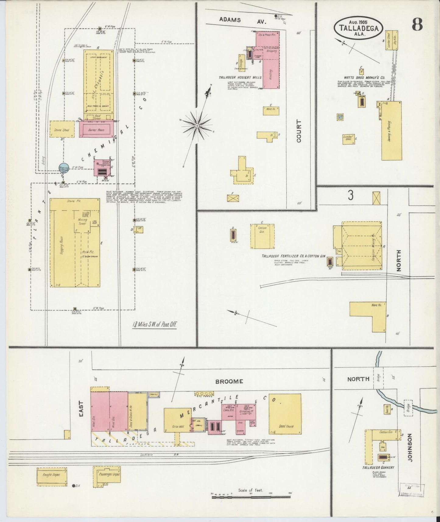 Sanborn Fire Insurance Map from Talladega, Talladega County, Alabama (1905), Sheet #0008 - Historic Sanborn Fire Insurance Map Print, vintage old map wall art, antique decor, genealogy gift, Alabama Alabama map