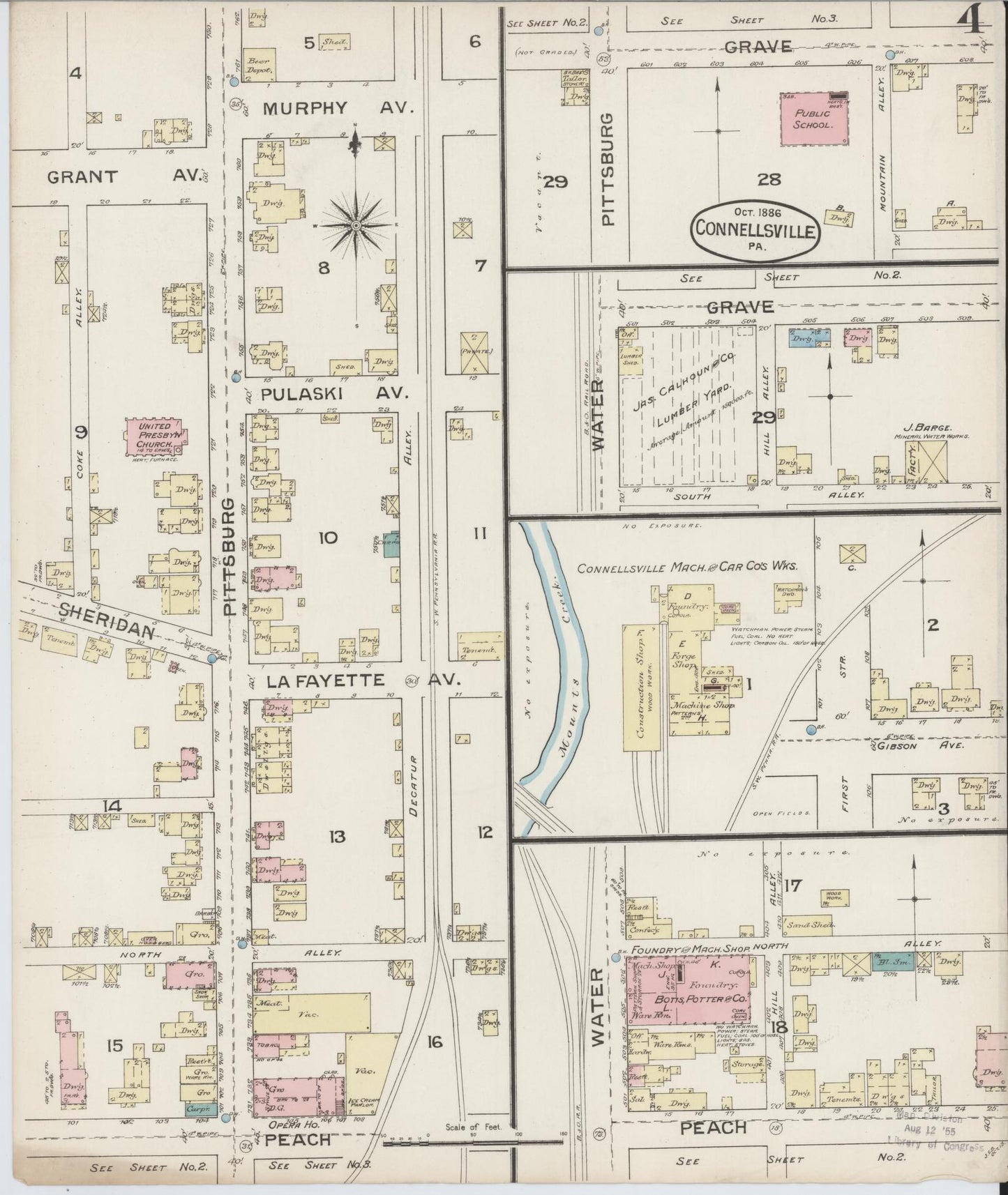 Sanborn Fire Insurance Map from Connellsville, Fayette County, Pennsylvania (1886), Sheet #0004 - Historic Sanborn Fire Insurance Map Print, vintage old map wall art, antique decor, genealogy gift, Pennsylvania Pennsylvania map