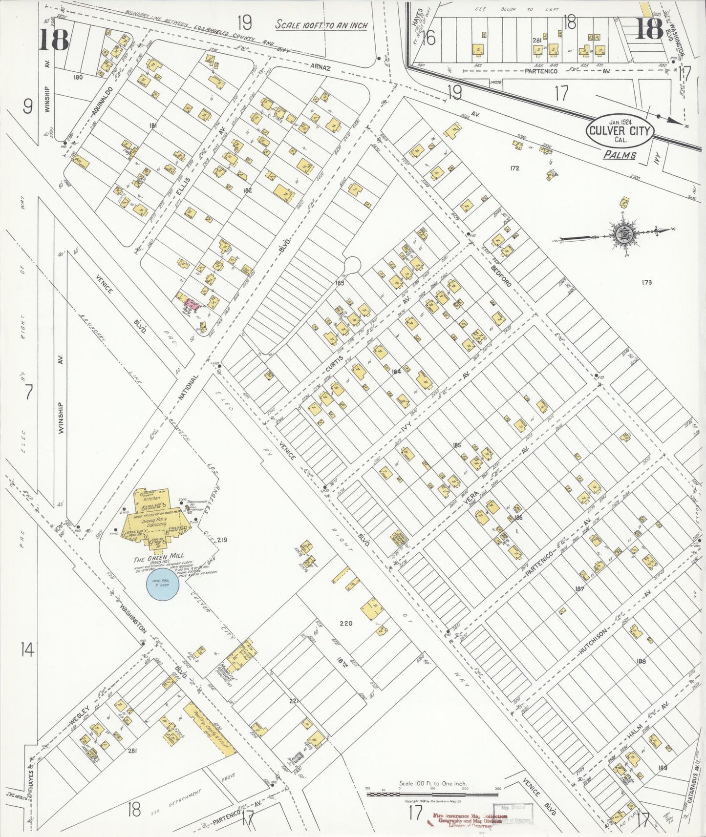 Sanborn Fire Insurance Map from Culver City, Los Angeles County, California (1924), Sheet #0018 - Historic Sanborn Fire Insurance Map Print, vintage old map wall art, antique decor, genealogy gift, California California map