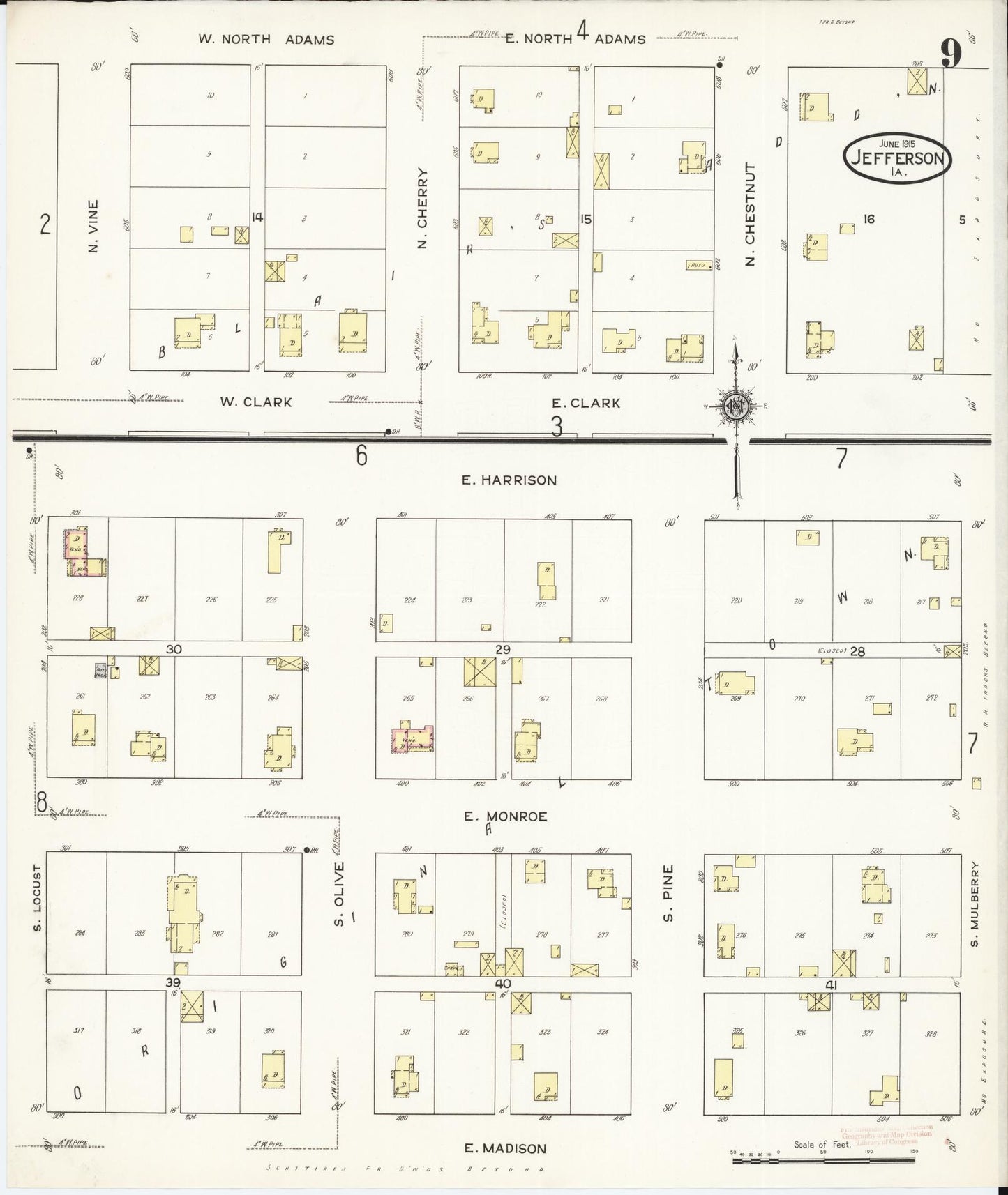 Sanborn Fire Insurance Map from Jefferson, Greene County, Iowa (1915), Sheet #0009 - Historic Sanborn Fire Insurance Map Print, vintage old map wall art