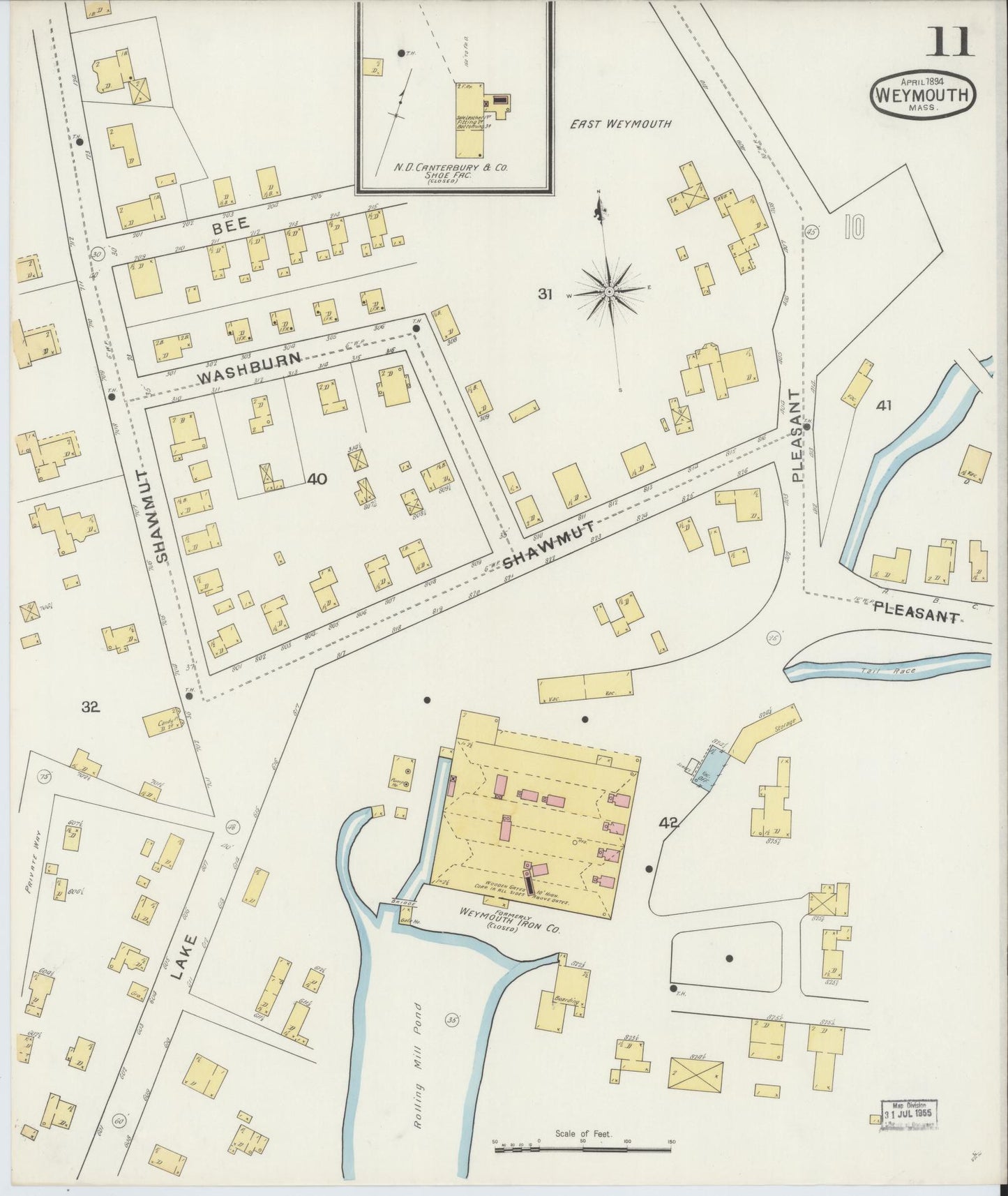 Sanborn Fire Insurance Map from Weymouth, Norfolk County, Massachusetts (1894), Sheet #0011 - Historic Sanborn Fire Insurance Map Print, vintage old map wall art, antique decor, genealogy gift, Massachusetts Massachusetts map