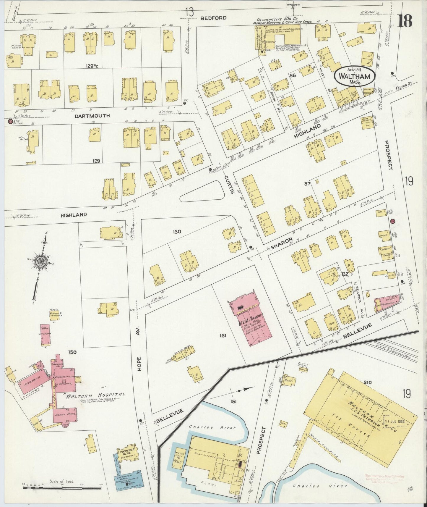 Sanborn Fire Insurance Map from Waltham, Middlesex County, Massachusetts (1911), Sheet #0018 - Historic Sanborn Fire Insurance Map Print, vintage old map wall art, antique decor, genealogy gift, Massachusetts Massachusetts map