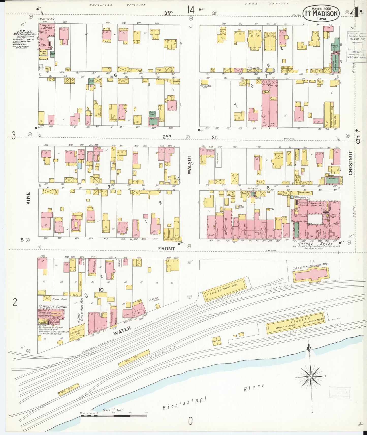 Sanborn Fire Insurance Map from Fort Madison, Lee County, Iowa (1900), Sheet #0004 - Historic Sanborn Fire Insurance Map Print, vintage old map wall art