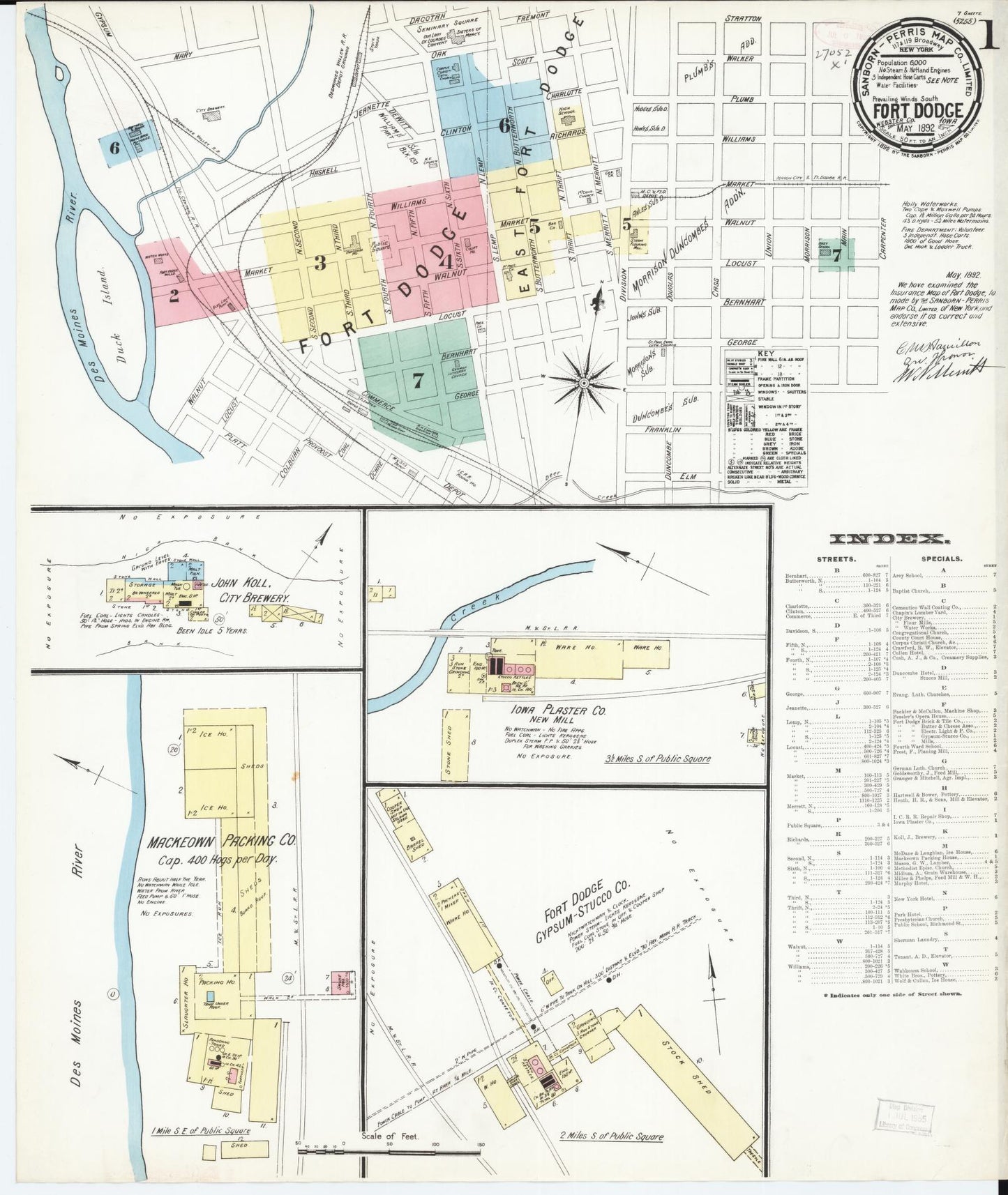 Sanborn Fire Insurance Map from Fort Dodge, Webster County, Iowa (1892), Sheet #0001 - Historic Sanborn Fire Insurance Map Print, vintage old map wall art