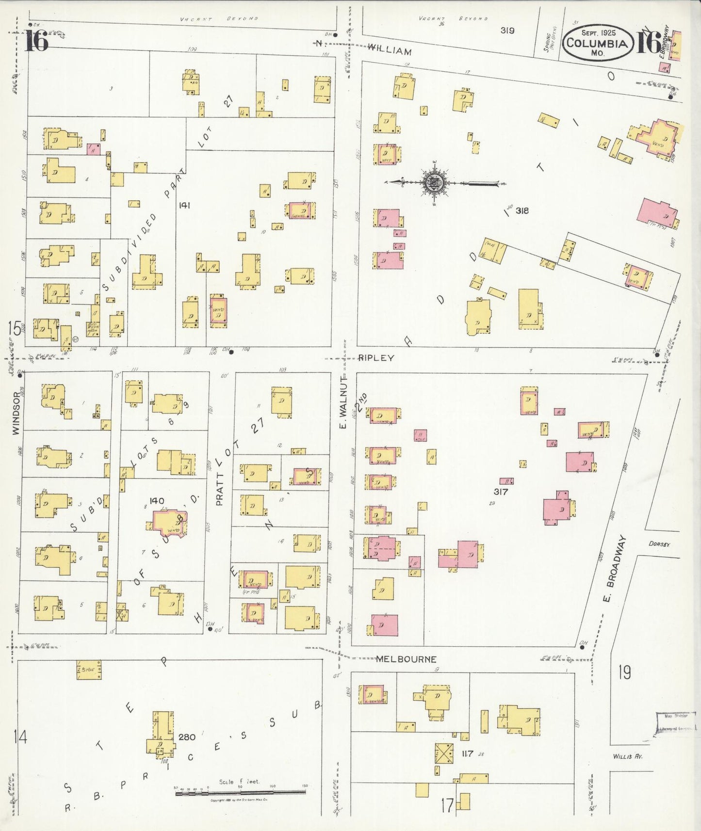 Sanborn Fire Insurance Map from Columbia, Boone County, Missouri (1925), Sheet #0016 - Historic Sanborn Fire Insurance Map Print, vintage old map wall art, antique decor, genealogy gift, Missouri Missouri map