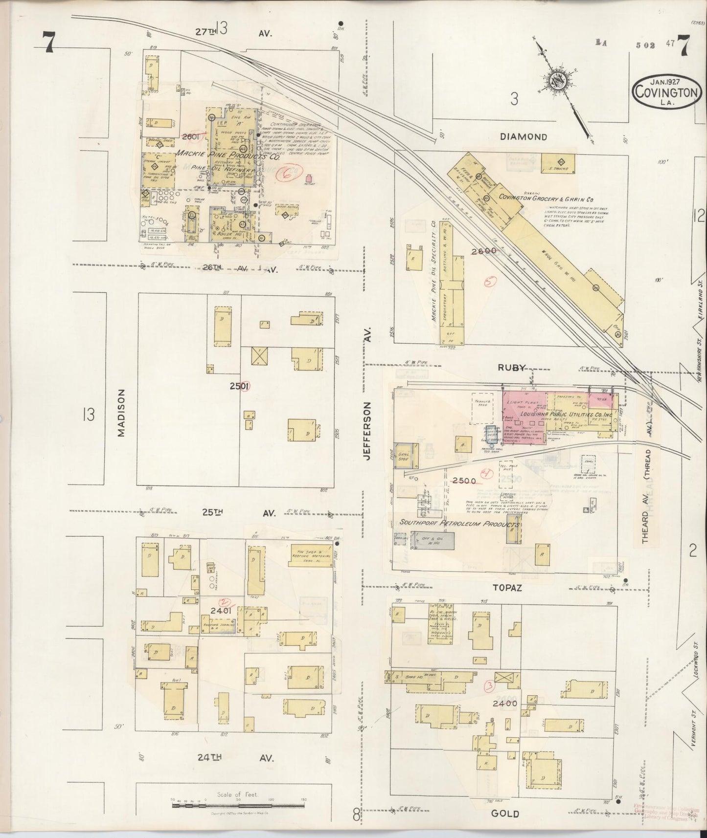 Sanborn Fire Insurance Map from Covington, Saint Tammany Parish, Louisiana (1941), Sheet #0007 - Historic Sanborn Fire Insurance Map Print, vintage old map wall art, antique decor, genealogy gift, Louisiana Louisiana map