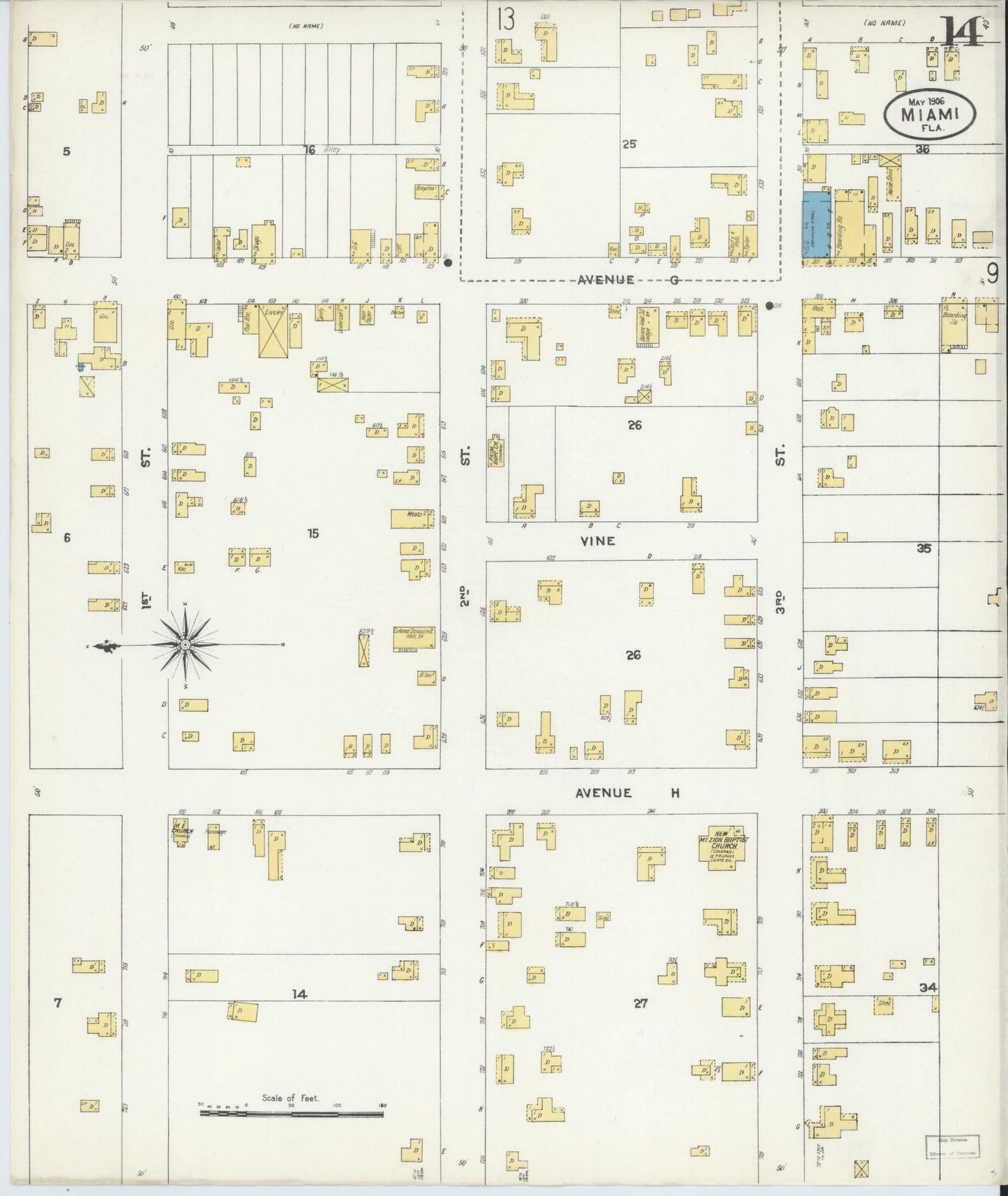 Sanborn Fire Insurance Map from Miami, Dade County, Florida (1906), Sheet #0014 - Complete Map Set gallery image, historic Sanborn map, vintage wall art, Florida Florida