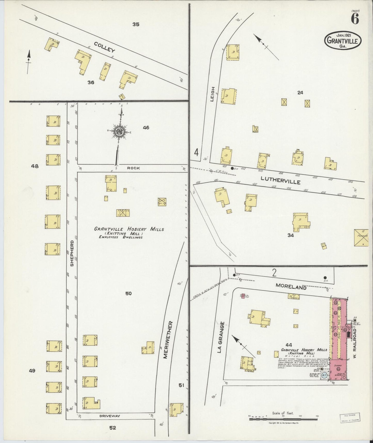 Sanborn Fire Insurance Map from Grantville, Coweta County, Georgia (1921), Sheet #0006 - Historic Sanborn Fire Insurance Map Print, vintage old map wall art, antique decor, genealogy gift, Georgia Georgia map