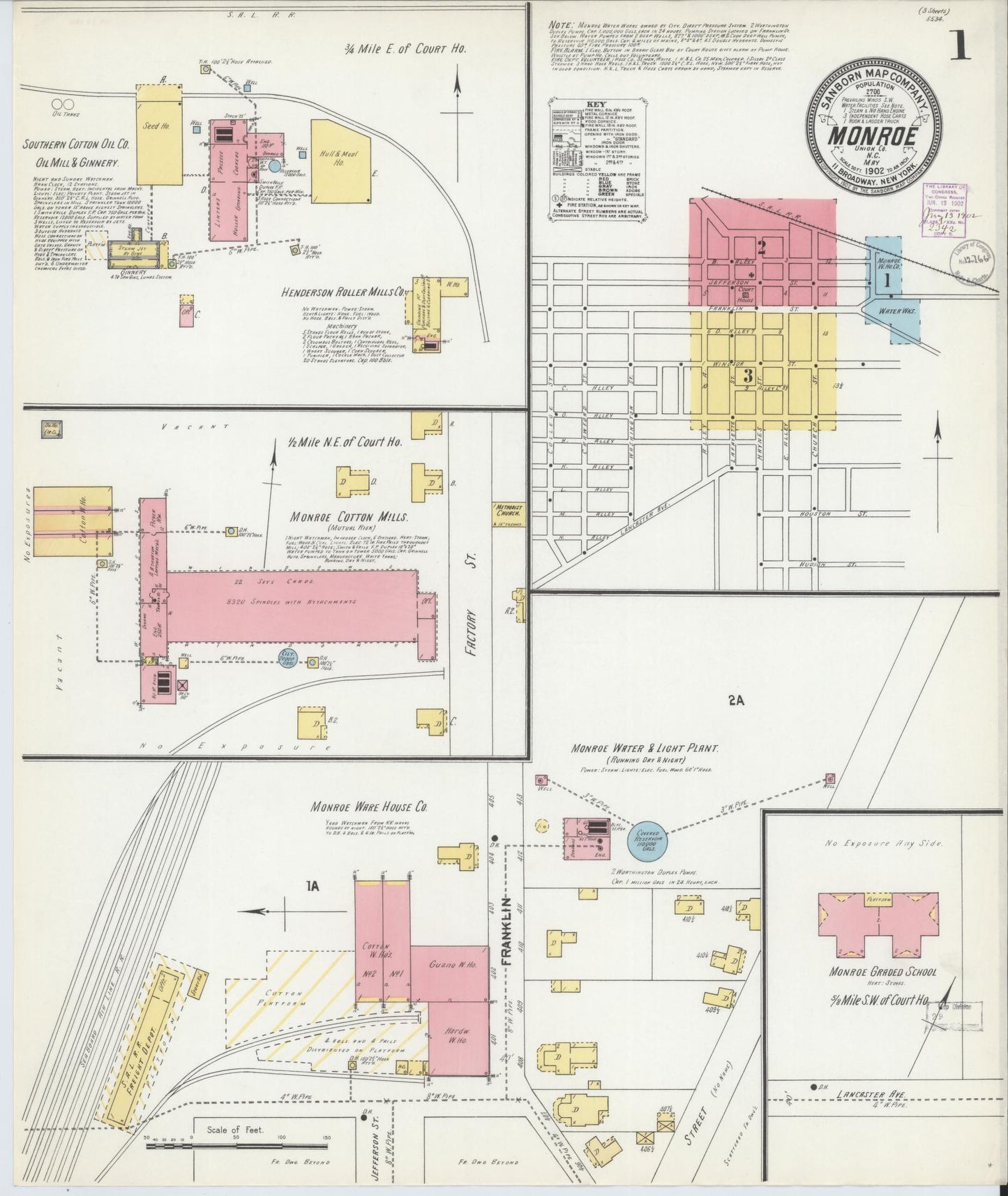 Sanborn Fire Insurance Map from Monroe, Union County, North Carolina (1902), Sheet #0001 - Historic Sanborn Fire Insurance Map Print, vintage old map wall art, antique decor, genealogy gift, North Carolina North Carolina map
