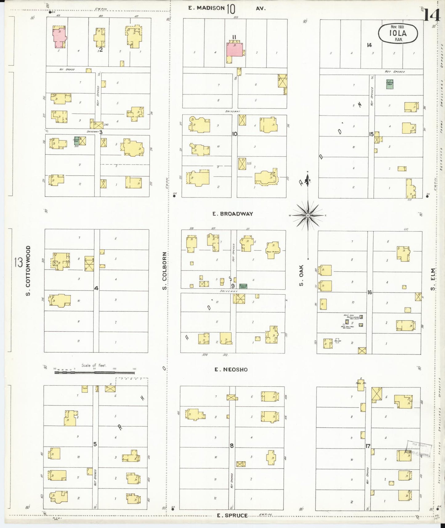 Sanborn Fire Insurance Map from Iola, Allen County, Kansas (1901), Sheet #0014 - Historic Sanborn Fire Insurance Map Print, vintage old map wall art, antique decor, genealogy gift, Kansas Kansas map