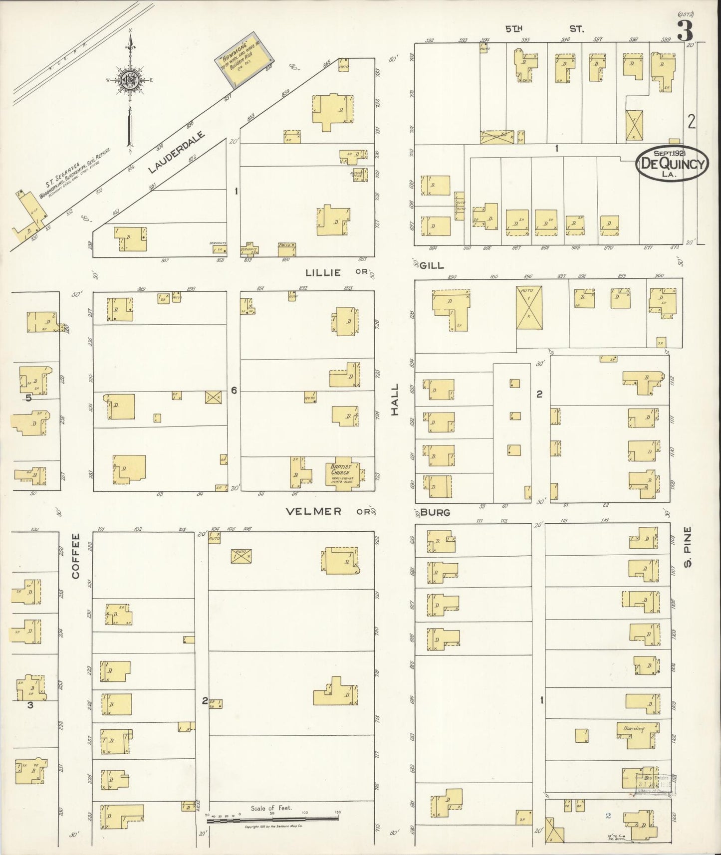 Sanborn Fire Insurance Map from De Quincy, Calcasieu Parish, Louisiana (1921), Sheet #0003 - Complete Map Set gallery image, historic Sanborn map, vintage wall art, Louisiana Louisiana