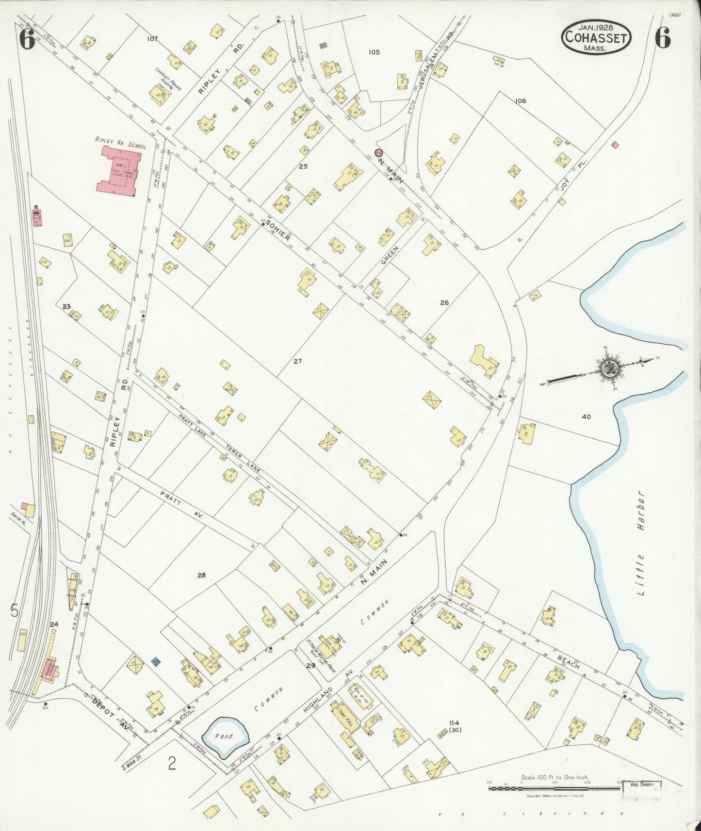 Sanborn Fire Insurance Map from Cohasset, Norfolk County, Massachusetts (1928), Sheet #0006 - Historic Sanborn Fire Insurance Map Print, vintage old map wall art, antique decor, genealogy gift, Massachusetts Massachusetts map