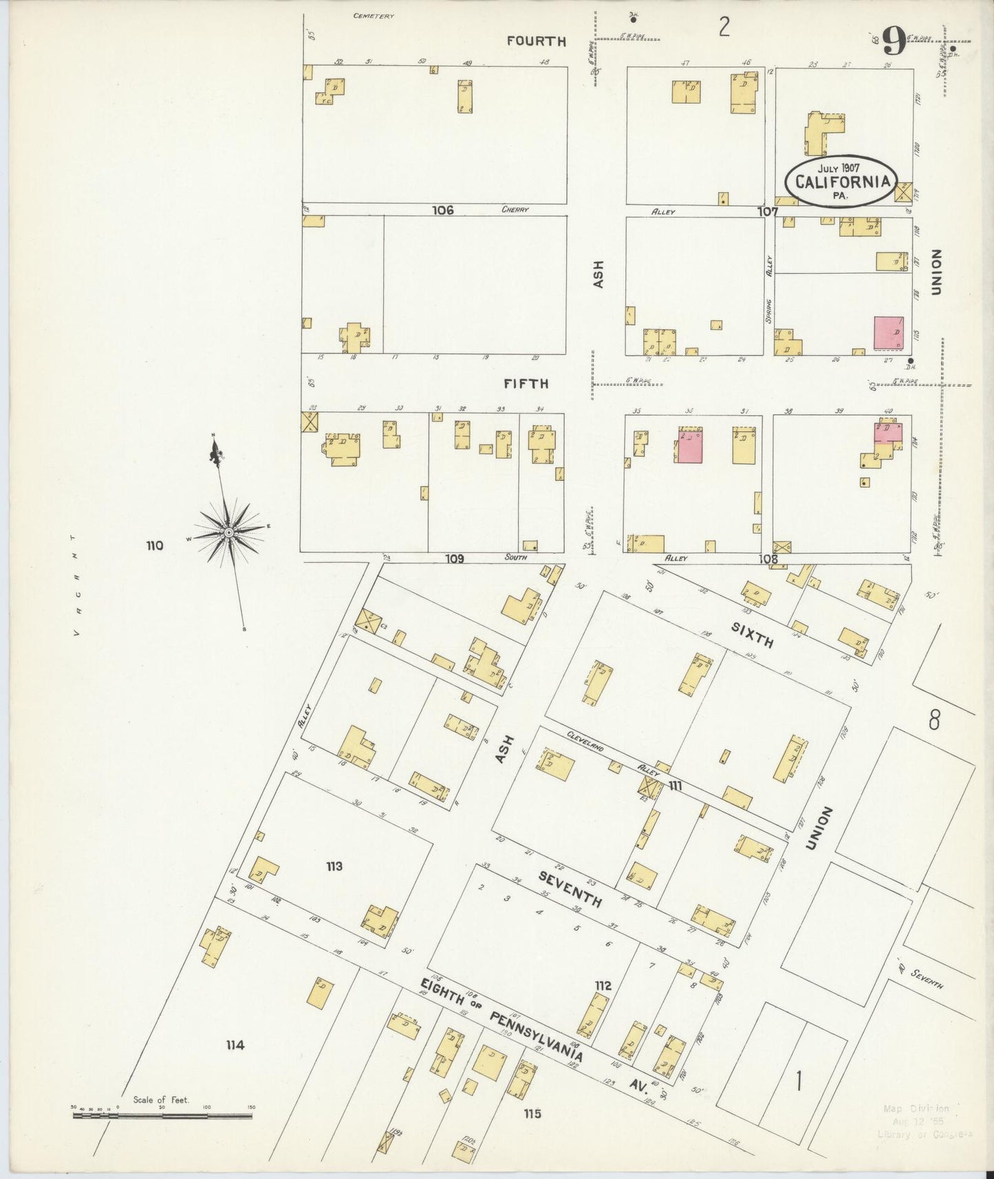 Sanborn Fire Insurance Map from California, Washington County, Pennsylvania (1907), Sheet #0009 - Historic Sanborn Fire Insurance Map Print, vintage old map wall art, antique decor, genealogy gift, Pennsylvania Pennsylvania map