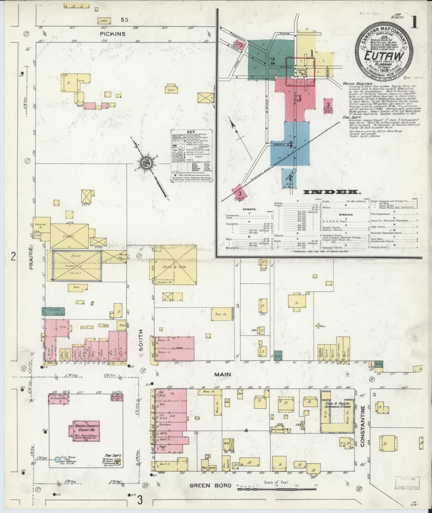 Sanborn Fire Insurance Map from Eutaw, Greene County, Alabama (1909), Sheet #0001 - Historic Sanborn Fire Insurance Map Print, vintage old map wall art, antique decor, genealogy gift, Alabama Alabama map