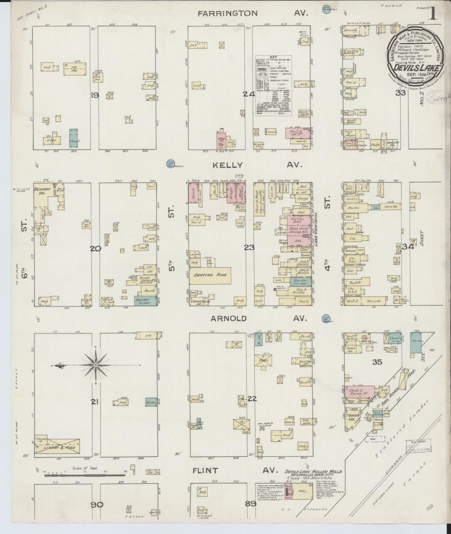 Sanborn Fire Insurance Map from Devils Lake, Ramsey County, North Dakota (1886), Sheet #0001 - Historic Sanborn Fire Insurance Map Print, vintage old map wall art, antique decor, genealogy gift, North Dakota North Dakota map
