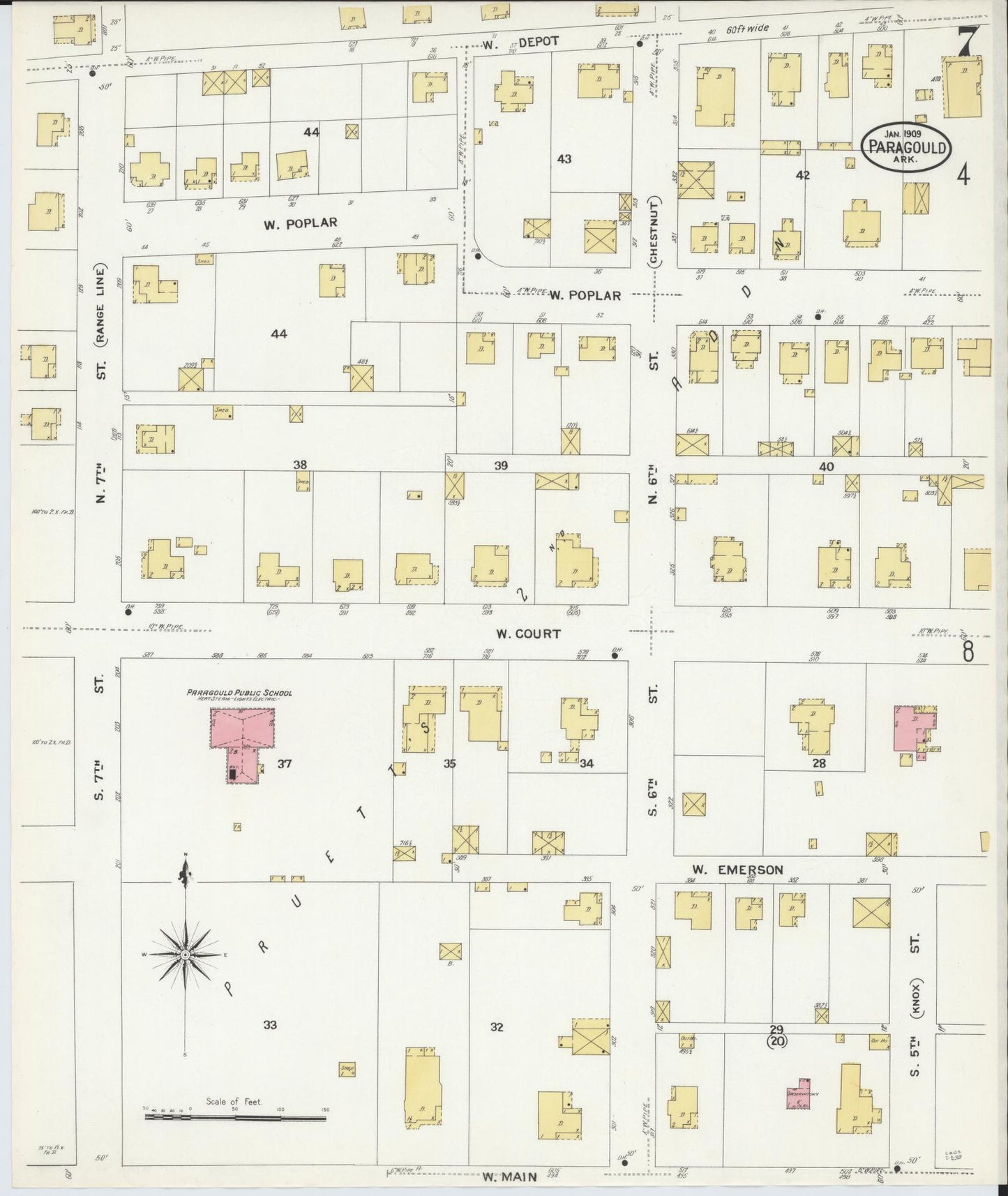 Sanborn Fire Insurance Map from Paragould, Greene County, Arkansas (1909), Sheet #0007 - Historic Sanborn Fire Insurance Map Print, vintage old map wall art, antique decor, genealogy gift, Arkansas Arkansas map