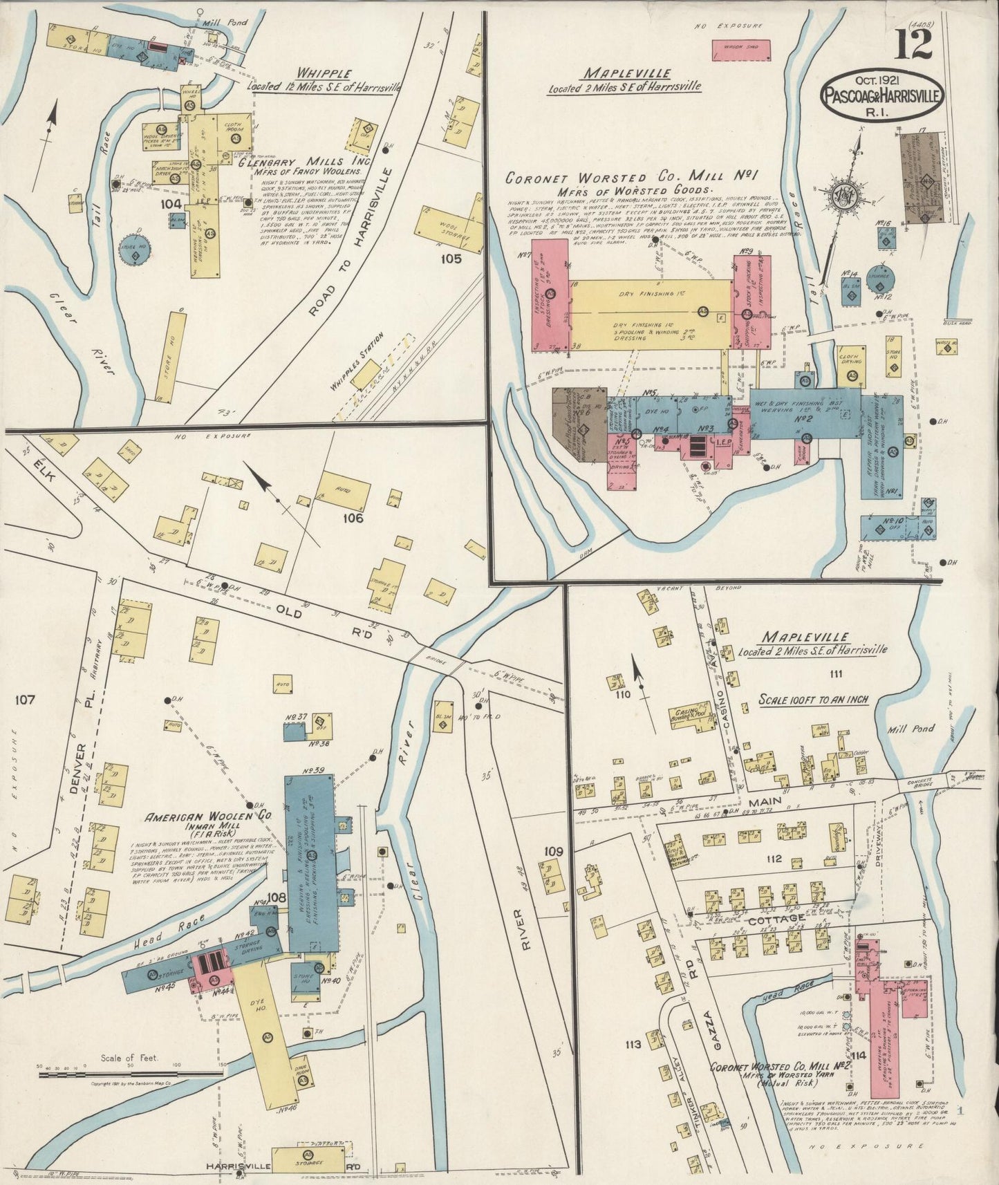 Sanborn Fire Insurance Map from Pascoag, Providence County, Rhode Island (1921), Sheet #0012 - Complete Map Set gallery image, historic Sanborn map, vintage wall art, Rhode Island Rhode Island
