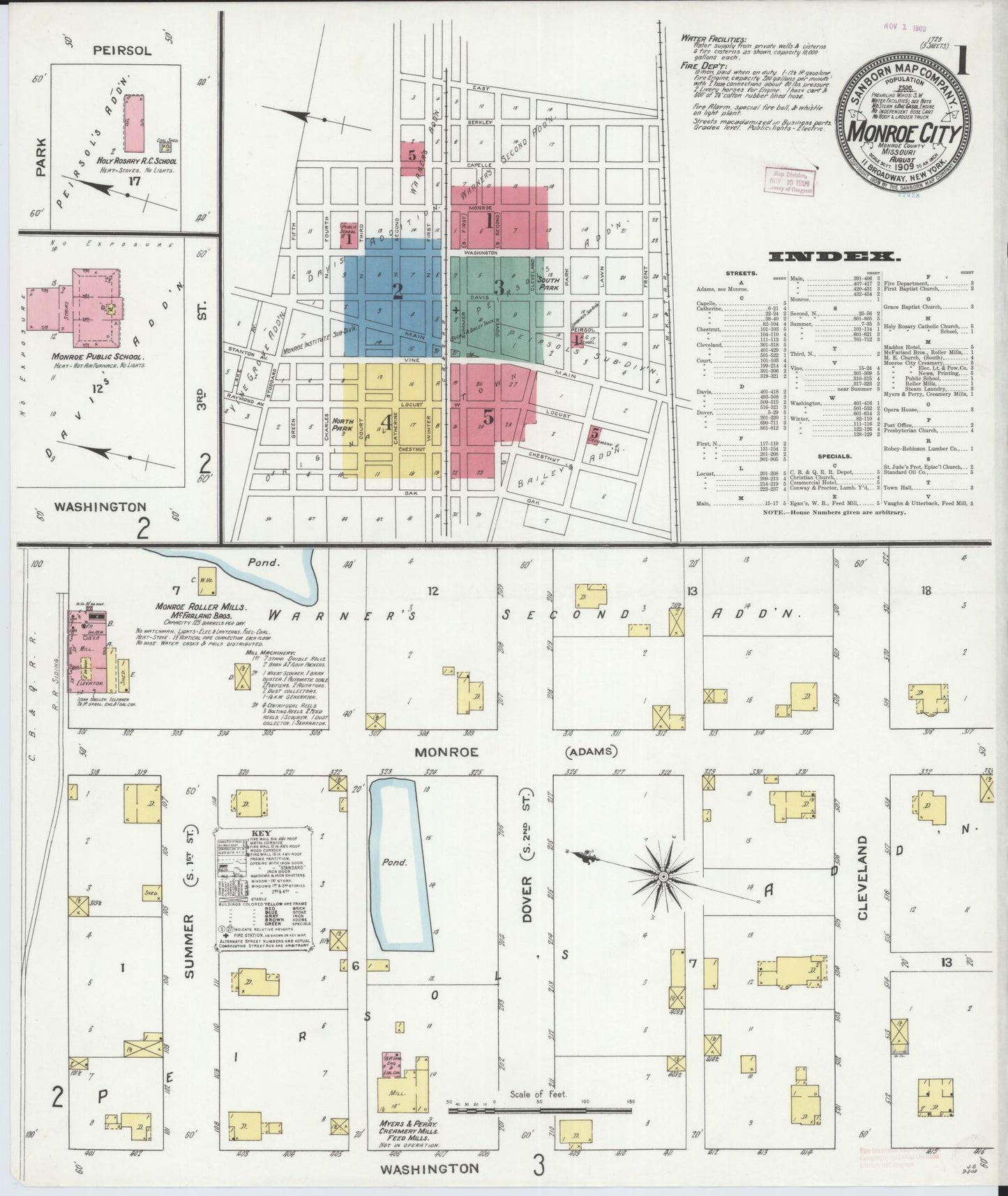 Sanborn Fire Insurance Map from Monroe City, Monroe County, Missouri (1909), Sheet #0001 - Historic Sanborn Fire Insurance Map Print, vintage old map wall art, antique decor, genealogy gift, Missouri Missouri map