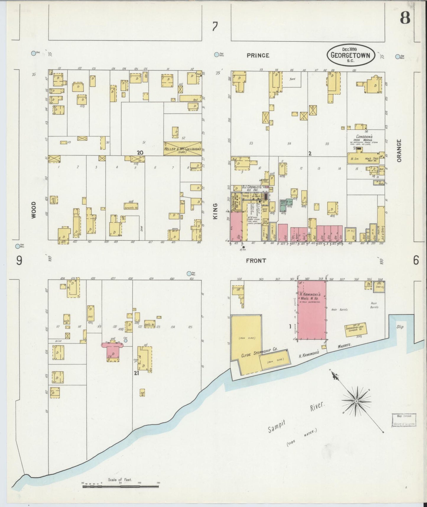 Sanborn Fire Insurance Map from Georgetown, Georgetown County, South Carolina (1899), Sheet #0008 - Historic Sanborn Fire Insurance Map Print, vintage old map wall art, antique decor, genealogy gift, South Carolina South Carolina map