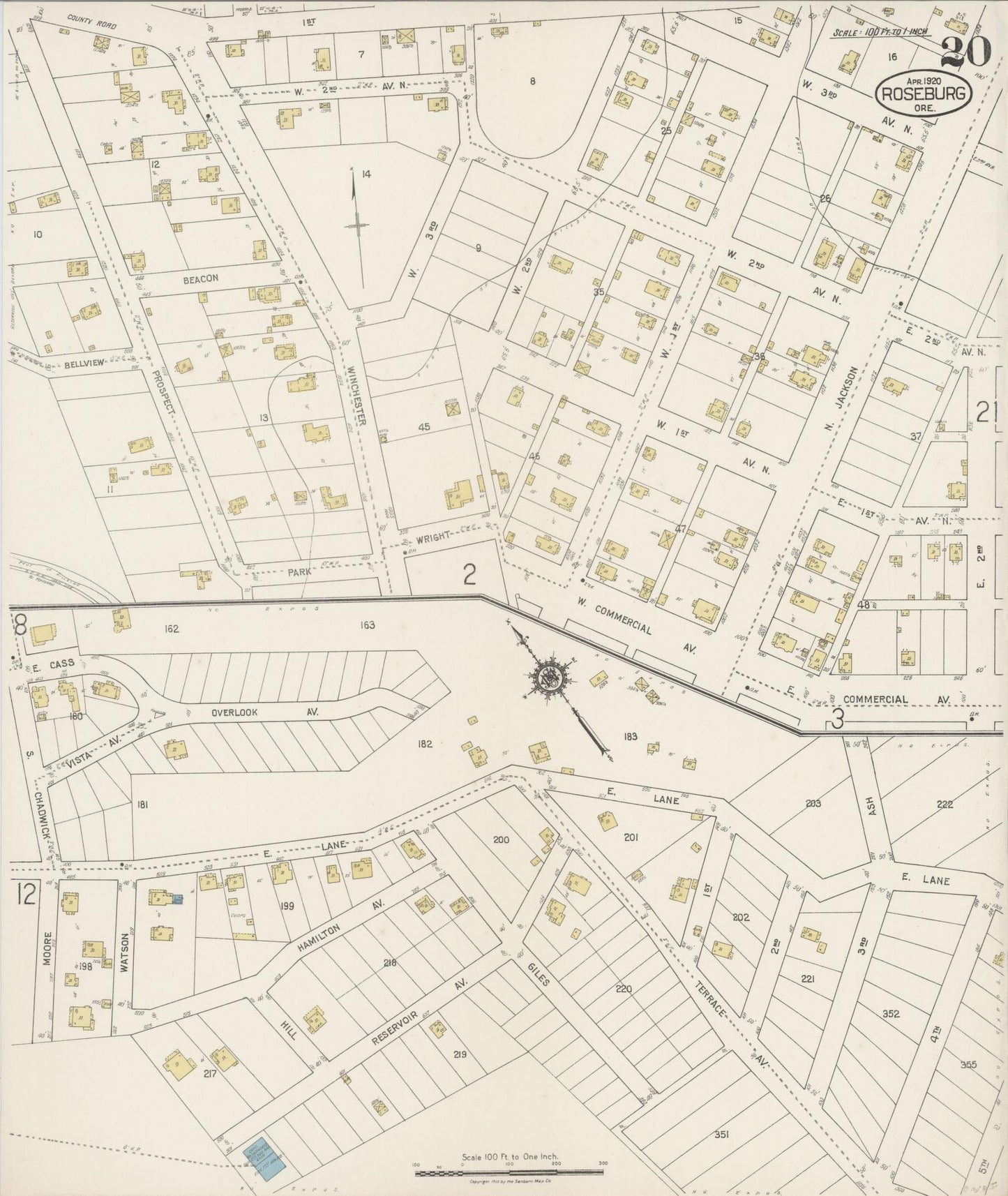 Sanborn Fire Insurance Map from Roseburg, Douglas County, Oregon (1920), Sheet #0020 - Historic Sanborn Fire Insurance Map Print, vintage old map wall art, antique decor, genealogy gift, Oregon Oregon map