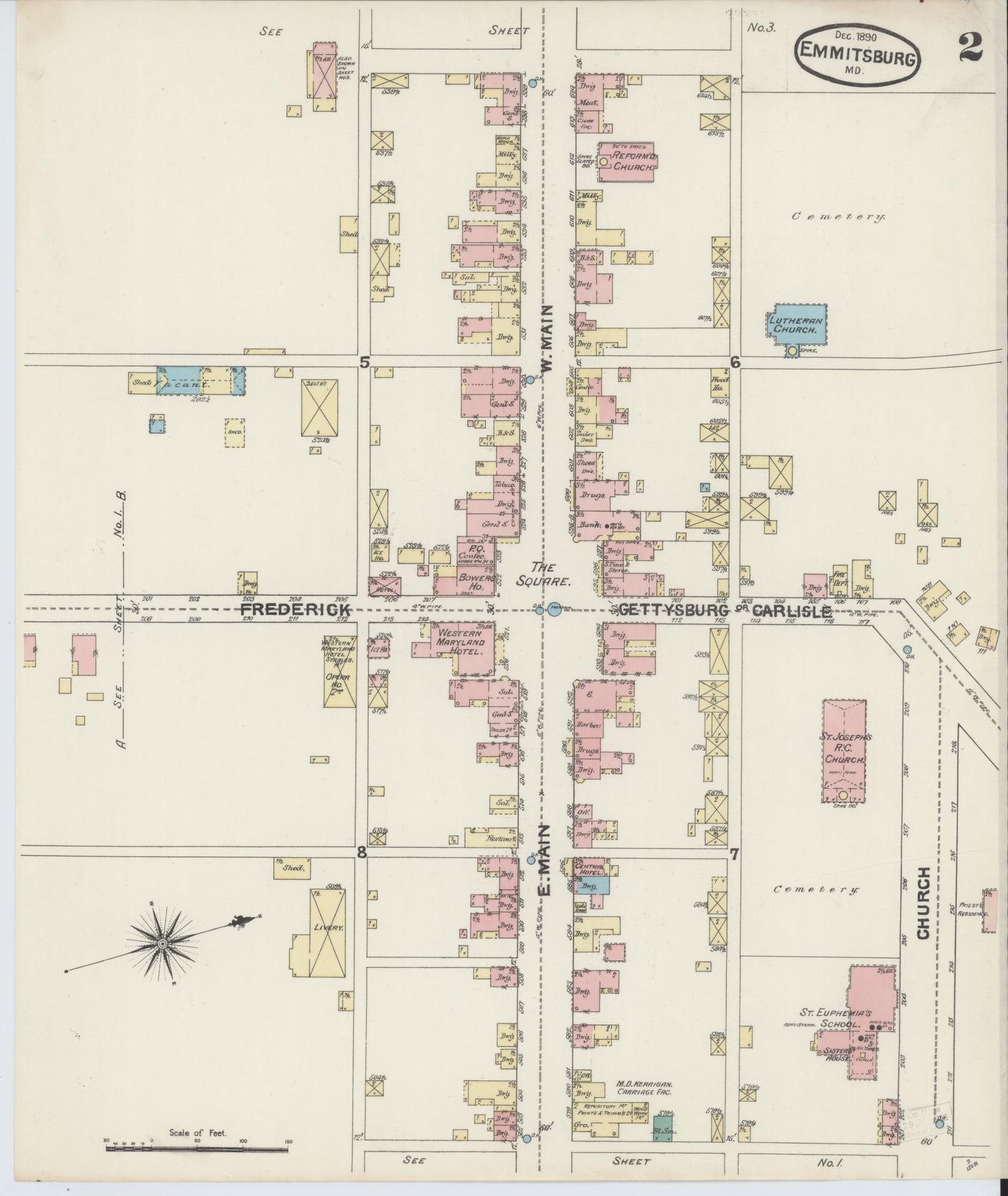 Frederick, Maryland - 1890 - Sanborn Fire Insurance Map, Sheet #0002 - Historic Sanborn Fire Insurance Map Print, Frederick Maryland 1890 0002 vintage old map wall art
