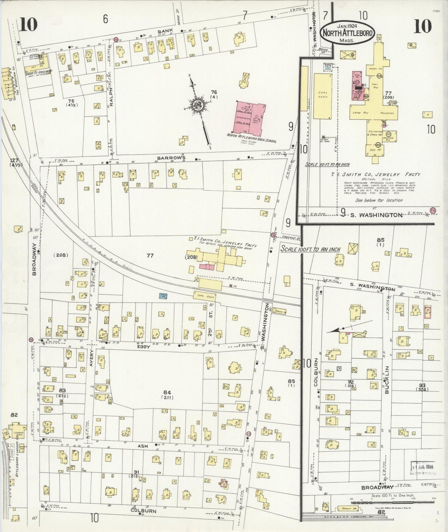 Sanborn Fire Insurance Map from North Attleborough, Bristol County, Massachusetts (1924), Sheet #0010 - Historic Sanborn Fire Insurance Map Print, vintage old map wall art, antique decor, genealogy gift, Massachusetts Massachusetts map