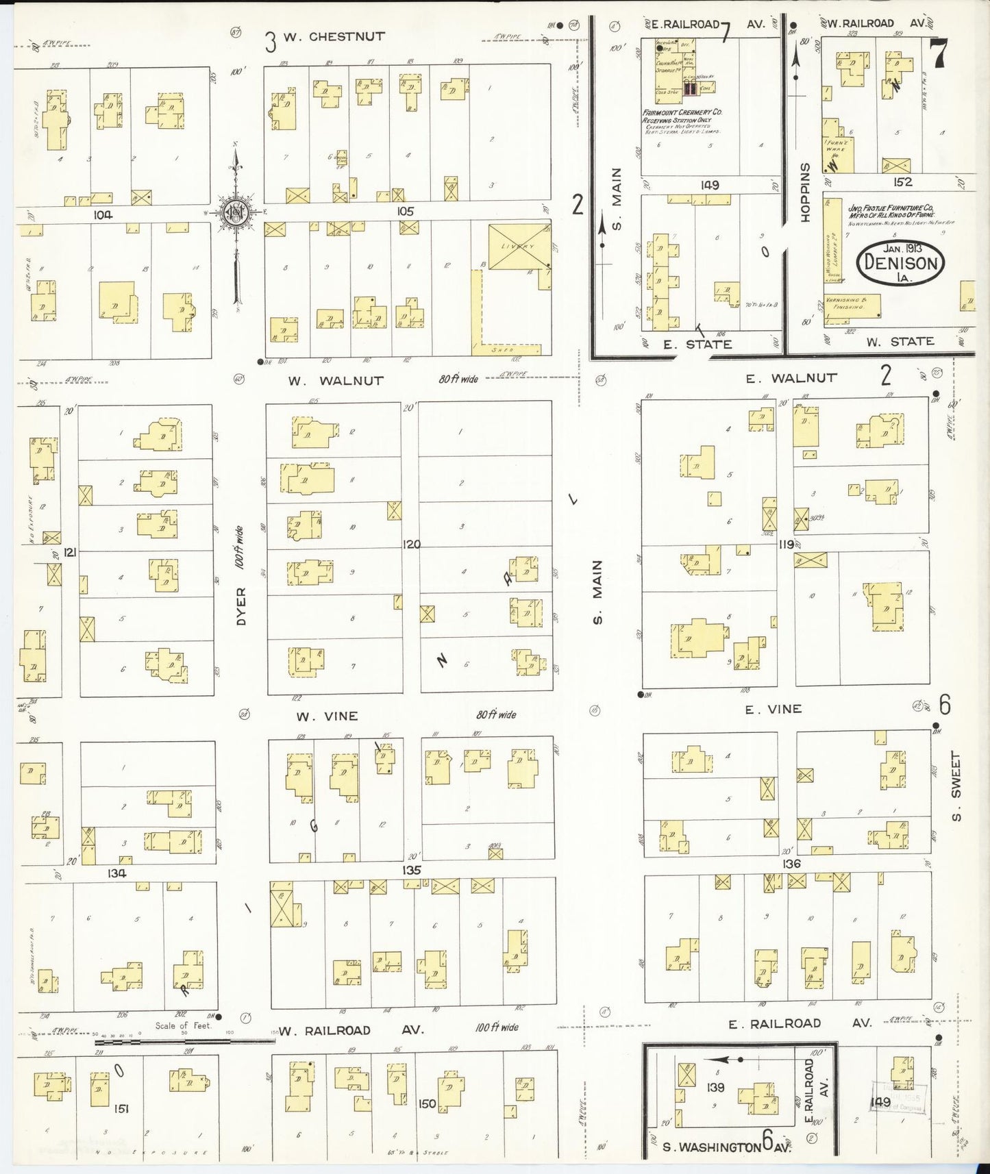 Sanborn Fire Insurance Map from Denison, Crawford County, Iowa (1913), Sheet #0007 - Historic Sanborn Fire Insurance Map Print, vintage old map wall art