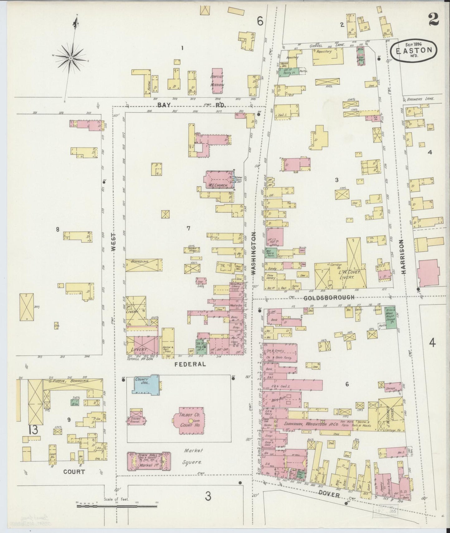 Sanborn Fire Insurance Map from Easton, Talbot County, Maryland (1896), Sheet #0002 - Historic Sanborn Fire Insurance Map Print, vintage old map wall art, antique decor, genealogy gift, Maryland Maryland map