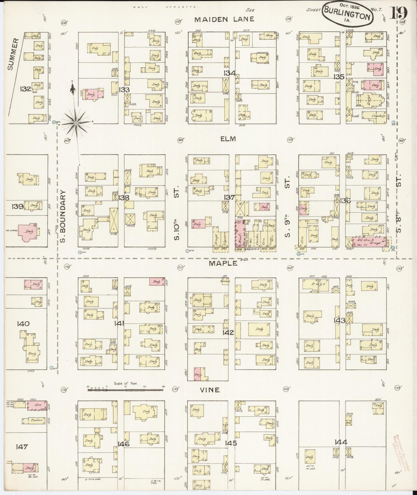 Sanborn Fire Insurance Map from Burlington, Des Moines County, Iowa (1888), Sheet #0019 - Historic Sanborn Fire Insurance Map Print, vintage old map wall art