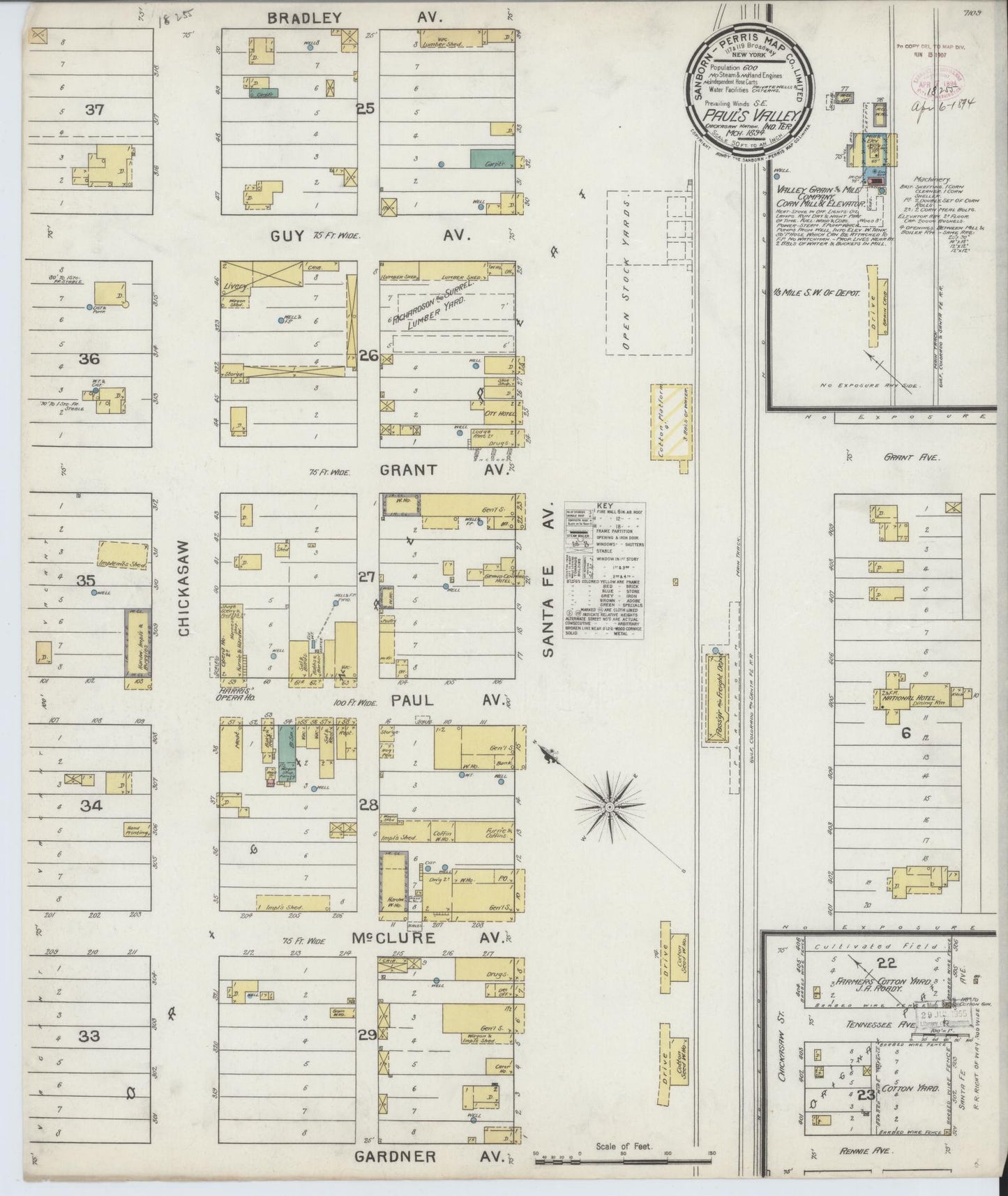Sanborn Fire Insurance Map from Pauls Valley, Garvin County, Oklahoma (1894), Sheet #0001 - Historic Sanborn Fire Insurance Map Print, vintage old map wall art, antique decor, genealogy gift, Oklahoma Oklahoma map
